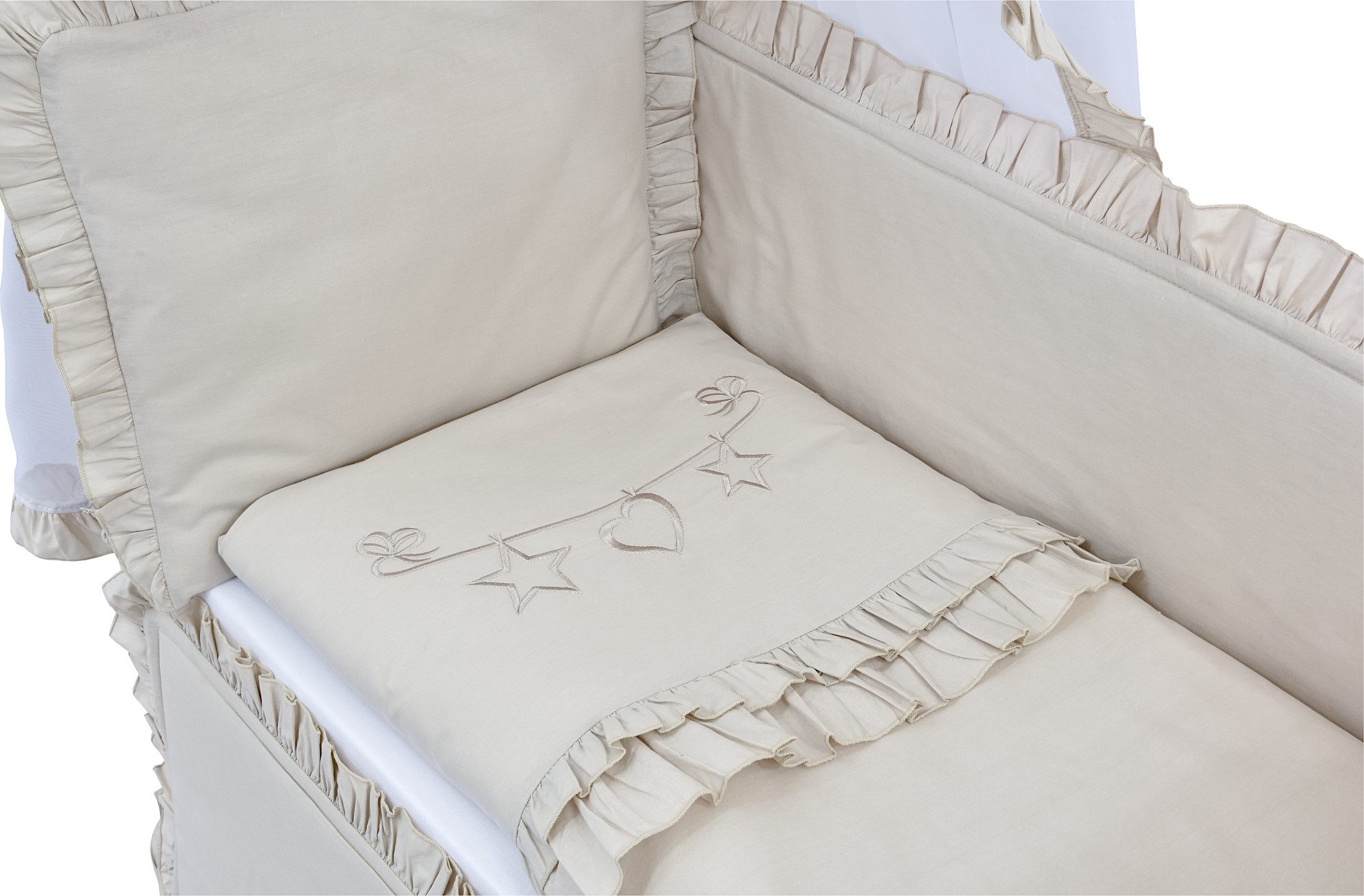 Baby-Delux Beistellbett Babybett Royal Beige Rüsche, Stillbett 90x40 weiß höhenverstellbar, Matratze inkl. komplett Set