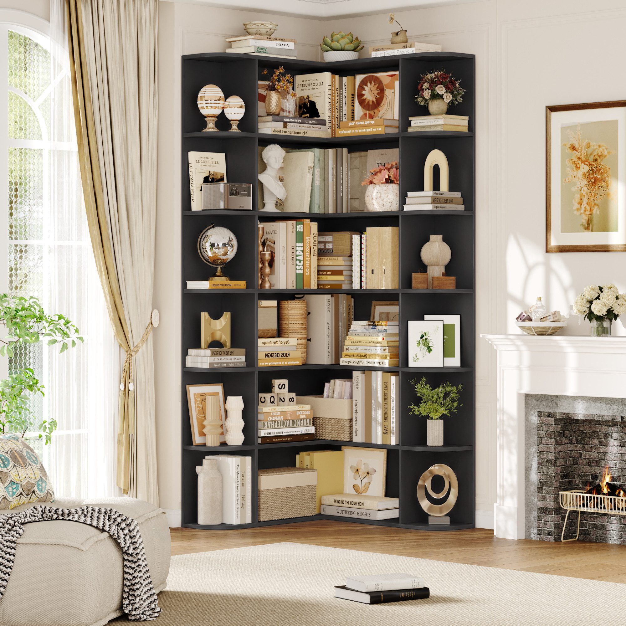 Homfa Bücherregal 185 cm Eckregal Bücherschrank Eckbücherregal, Standregal L-förmiger Eckschrank 80 x 84 x 185 cm, schwarz