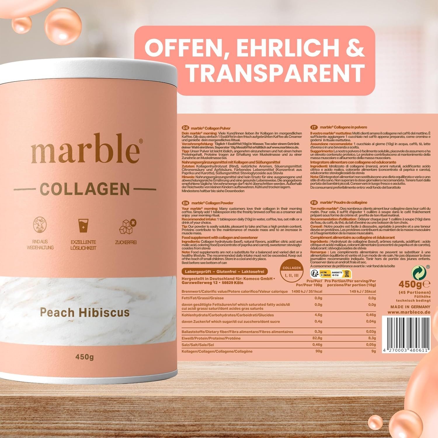 Marble Kollagen Pulver Pfirsich Hibiskus 450g – Typ I, II & III, ohne Zucker Pulver, 1 er Packung à 1 St., 450 g, Pappdose ohne Plastik, Umweltschonend