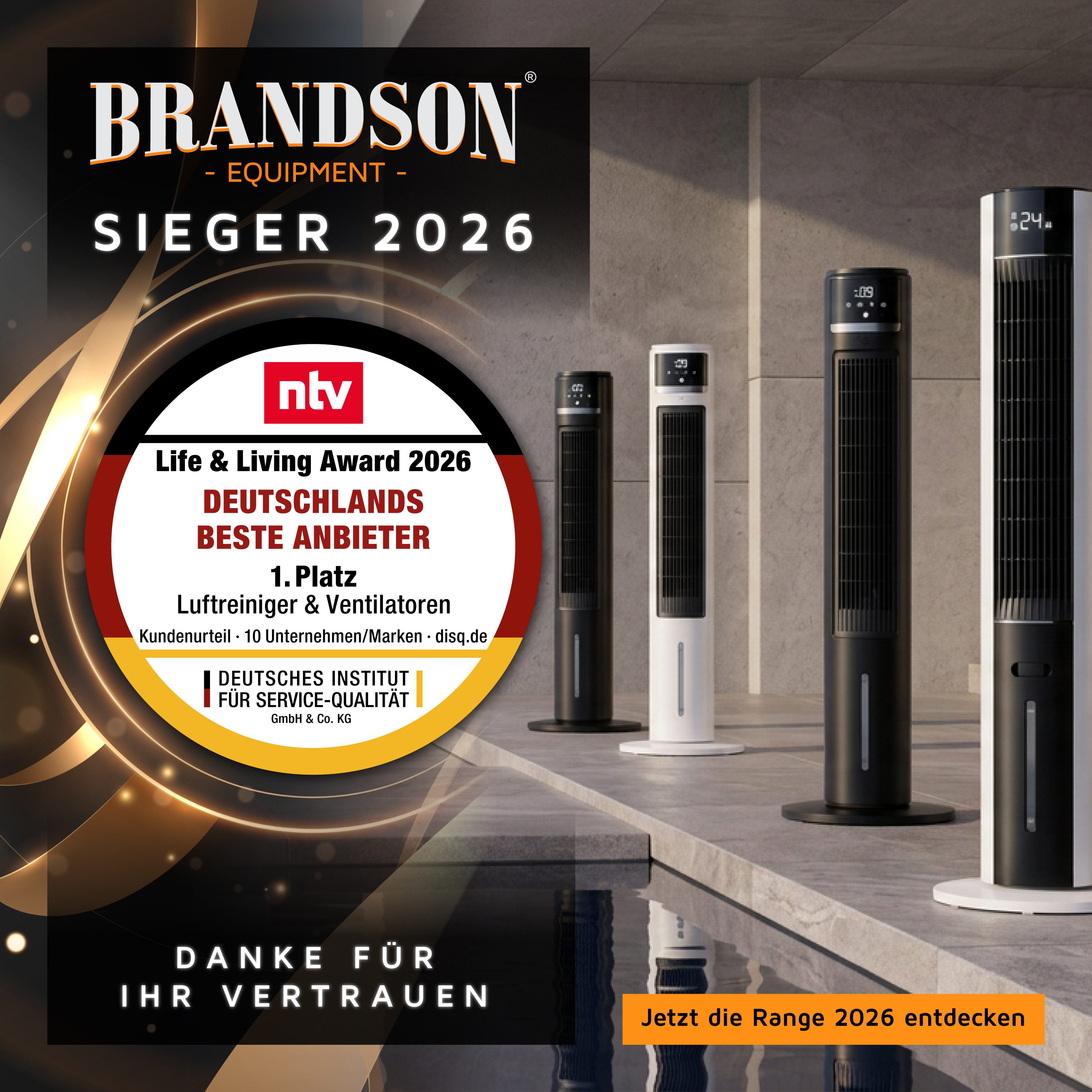 Brandson Turmventilator mobiler Luftkühler, Klimaanlage, Wasserkühlung, Timer, DC-Motor, 55W, NTV Sieger 2026, Luftbefeuchter, leiser Lüfter, 12 Stufen, GS-Geprüft