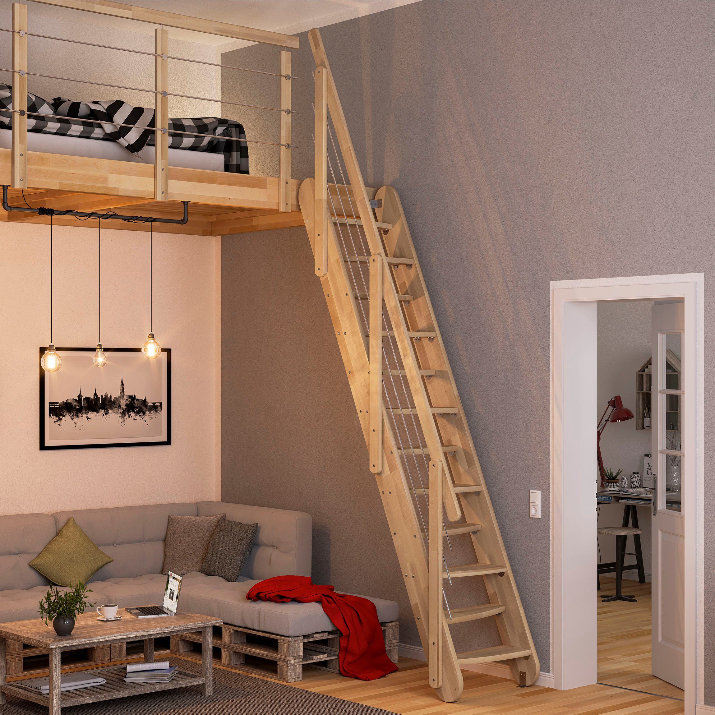 Dolle Raumspartreppe Bern, für Geschosshöhen bis 285 cm, Stufen offen, Holzkomponenten unbehandelt, Breite 63 cm, Stufen leicht abgerundet