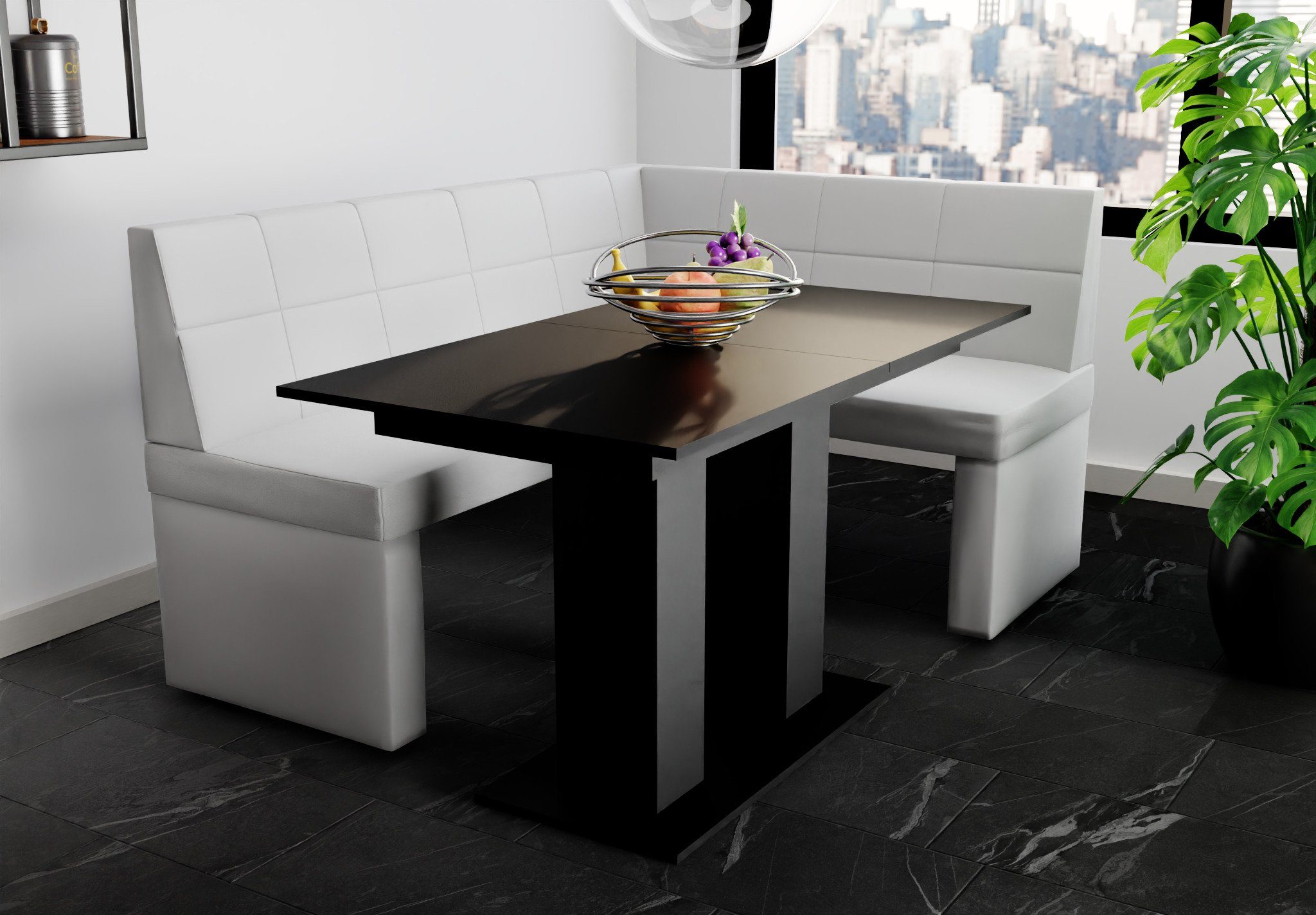 mit „BLAKE ausziehbarer Fun Schwarz Eckbankgruppe matt, XL“ Möbel Tisch Größe Tisch Eckbankgruppe 196x142cm