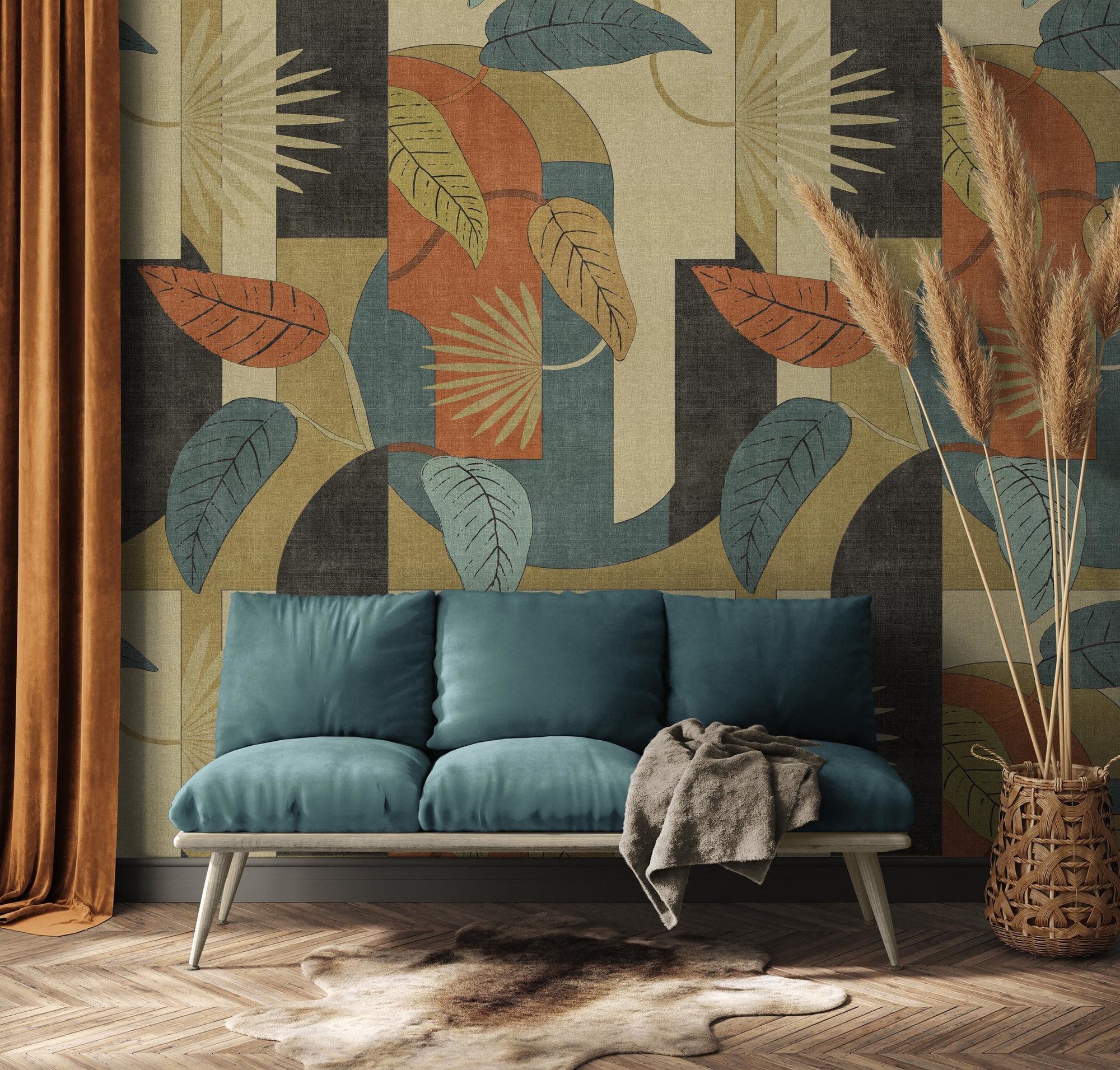 living walls Vliestapete LIMITED – Retro Blätter Collage Fototapete, leicht strukturiert, grafisch, mehrfarbig, Retro, (3 St), Grafische Blätter und Flächen im farbstarken Retro-Look