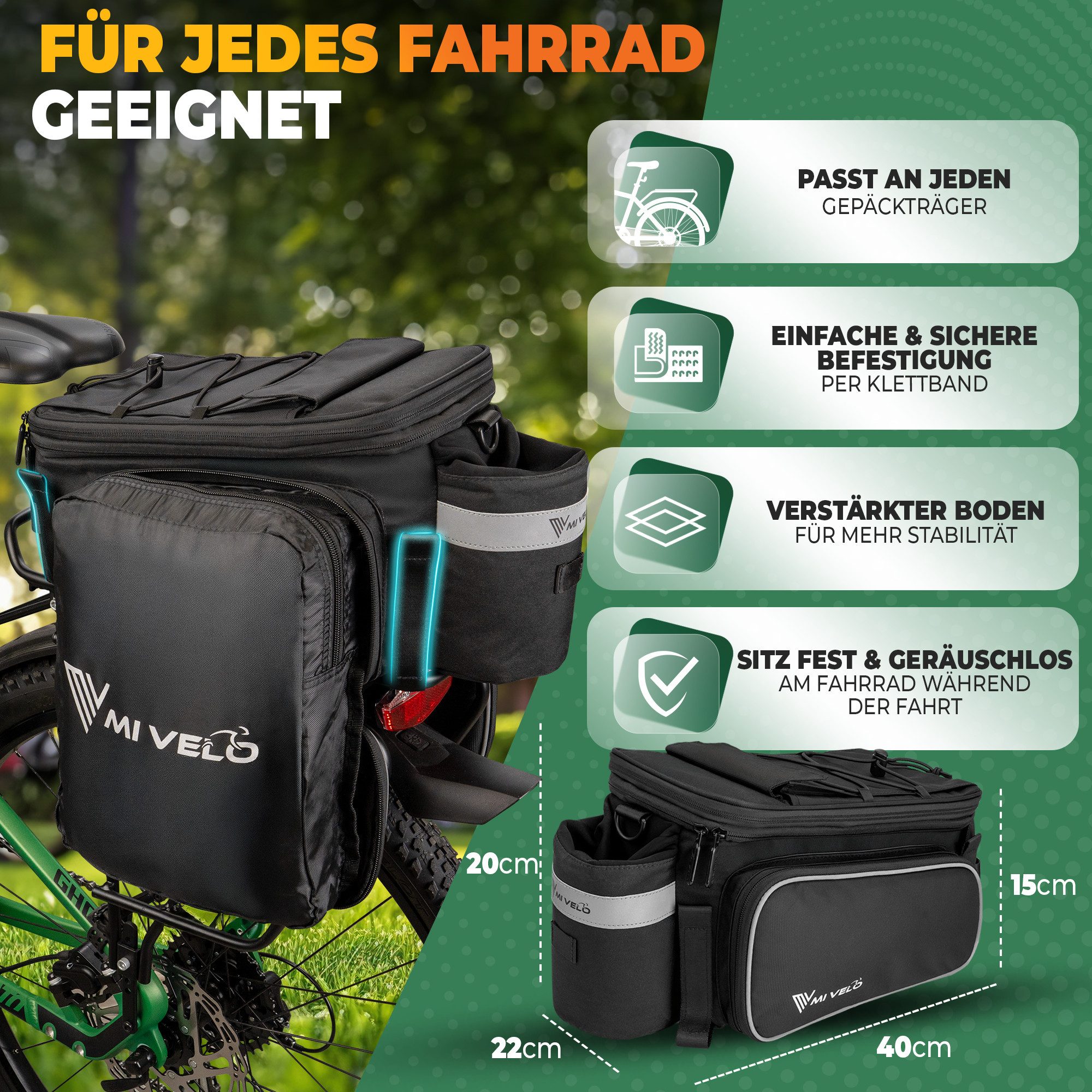 MIVELO Fahrradtasche Gepäckträgertasche für Fahrrad Gepäckträger erweiterbar bis 20L, wasserabweisend