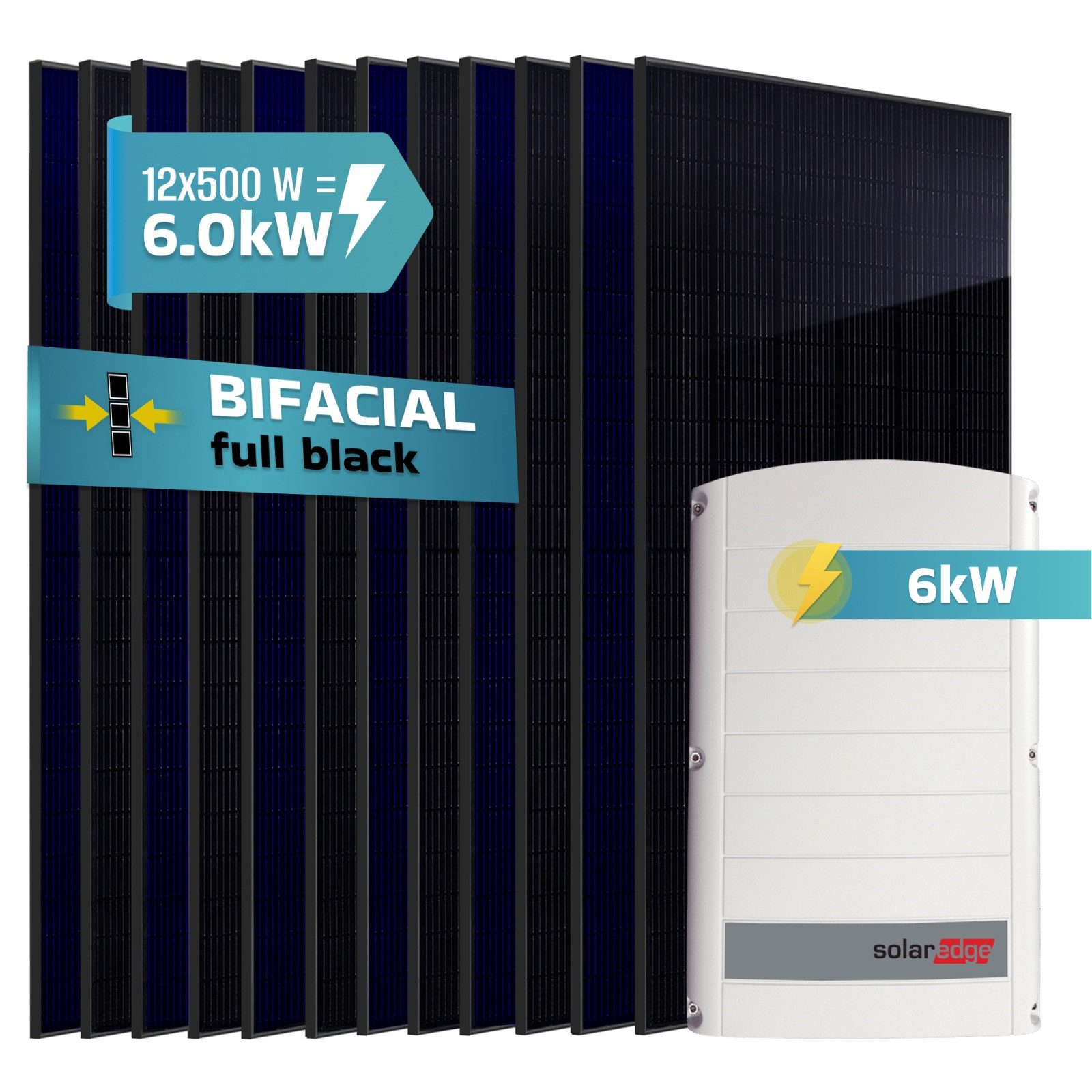 SUNNIVA Solaranlage 6.0 kW, Monokristallin, (12x 500 W Solarmodule Fullblack Bifacial, Wechselrichter SolarEdge SE6K (3-phasig)