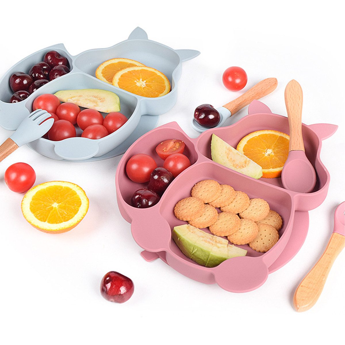 KINSI Kindergeschirr-Set Kindergeschirr-Set 8-teilig, Silikongeschirr, Eichhörnchen-Design, 1 Personen, rutschfestes, Löffel-, Gabel-, Schüssel-, Teller- und Besteckset