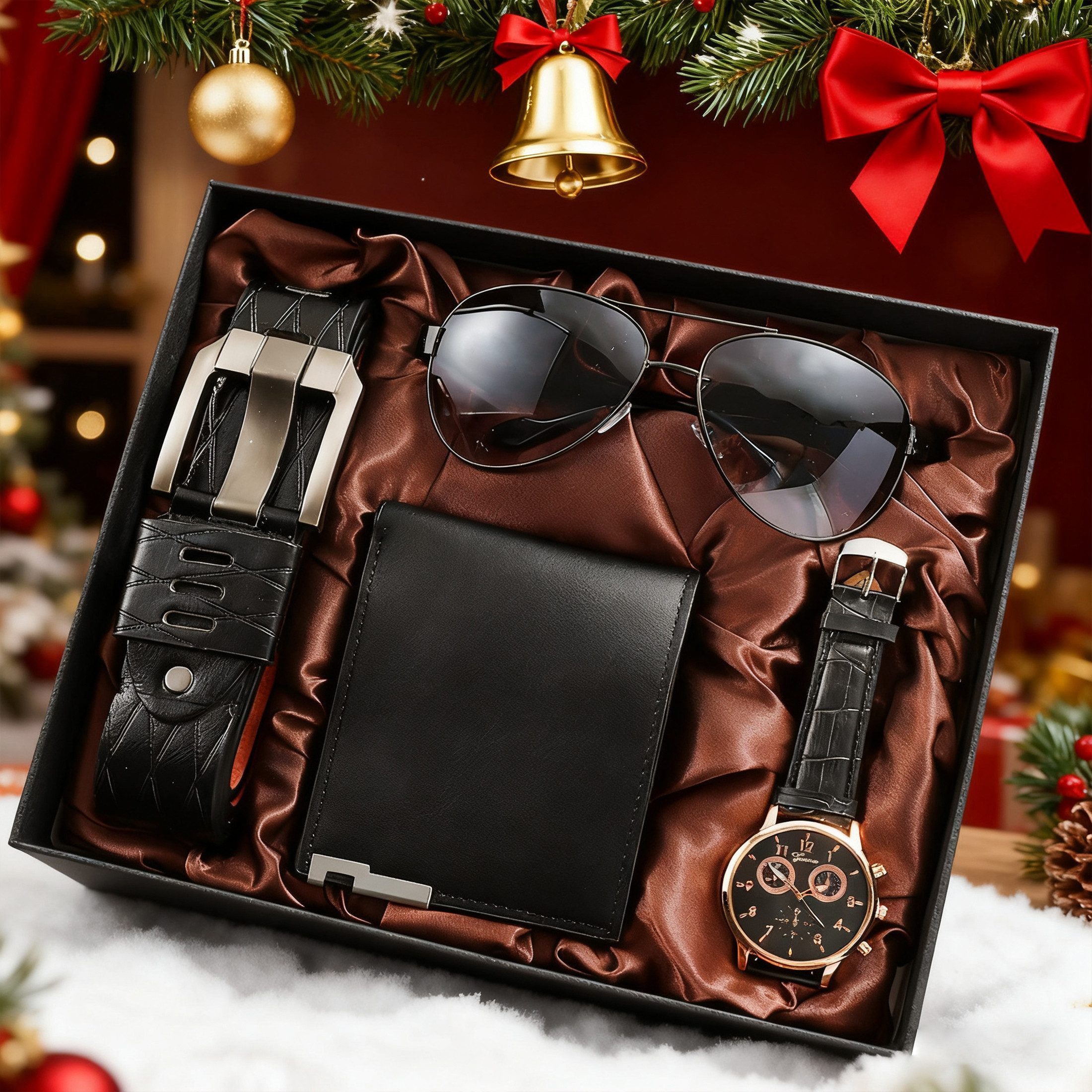 Fyrove Geldbörse 4-teiliges Herren Geschenkset, Uhr, Gürtel,Sonnenbrille (Leder, elegant, für Vatertag & Geburtstag, Geburtstagsgeschenk, Männer Geburtstag Hochzeitstag Geschenke), Geburtstag, Weihnachten & Valentinstag