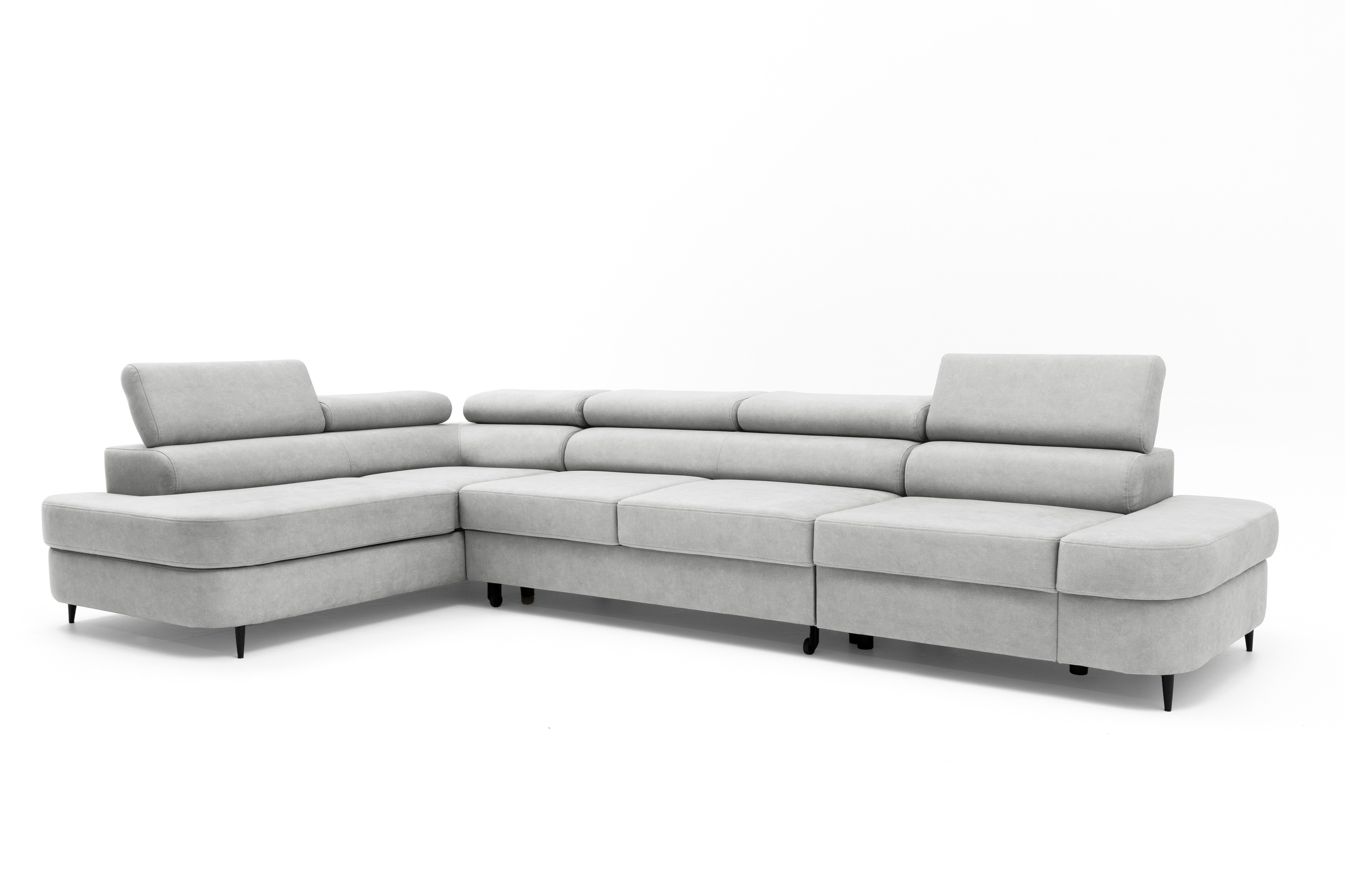 Muffo Ecksofa Priam Maxi, Inklusive Montage, Schlaffuntkion und Bettkasten, Verstellbare Kopfstützen, angenehmer und fühlbarer Stoff