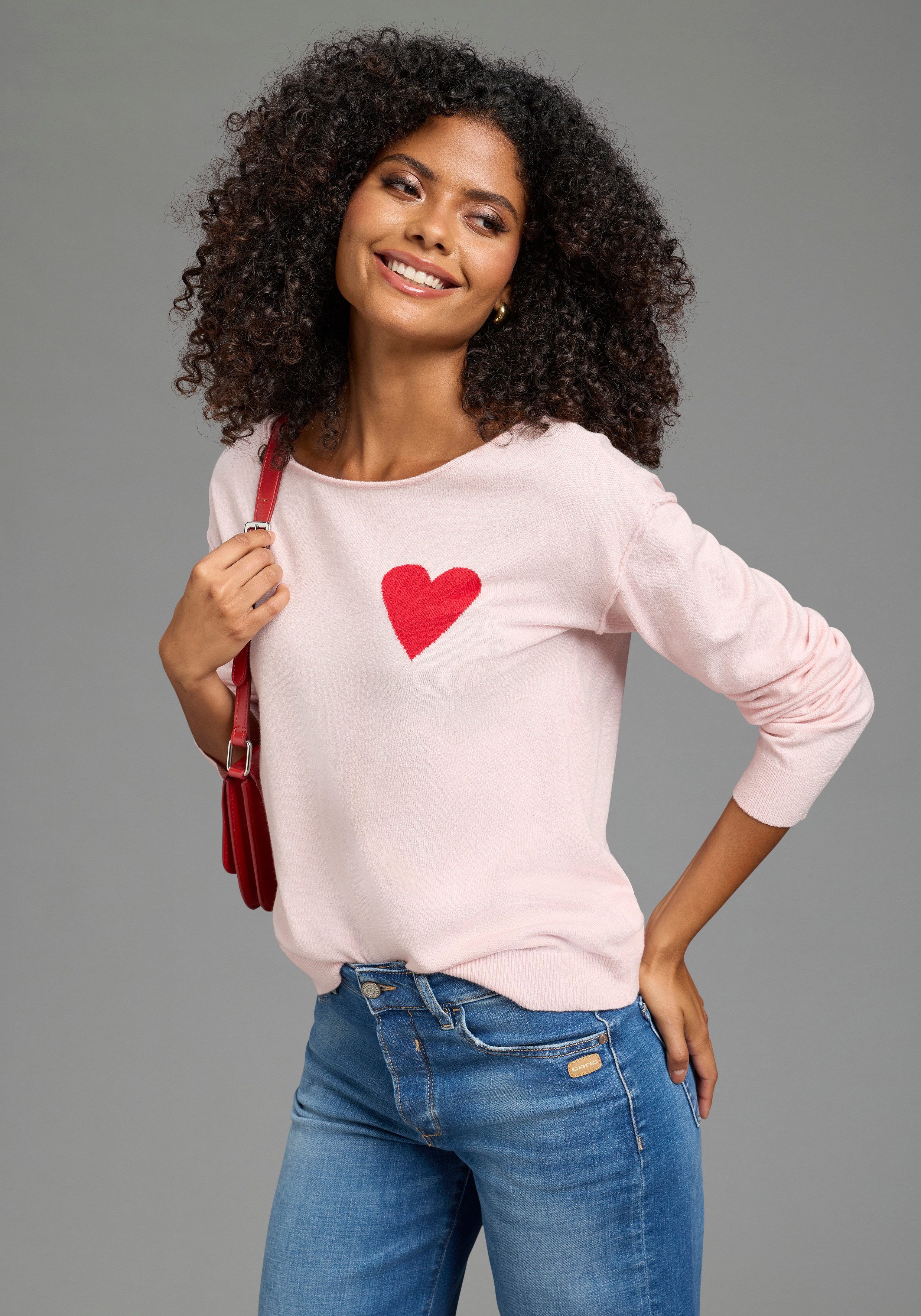 Laura Scott Strickpullover aus Feinstrick, figurumspielende Passform aus leichtem, weichem Viskosemix mit Herzmotiv