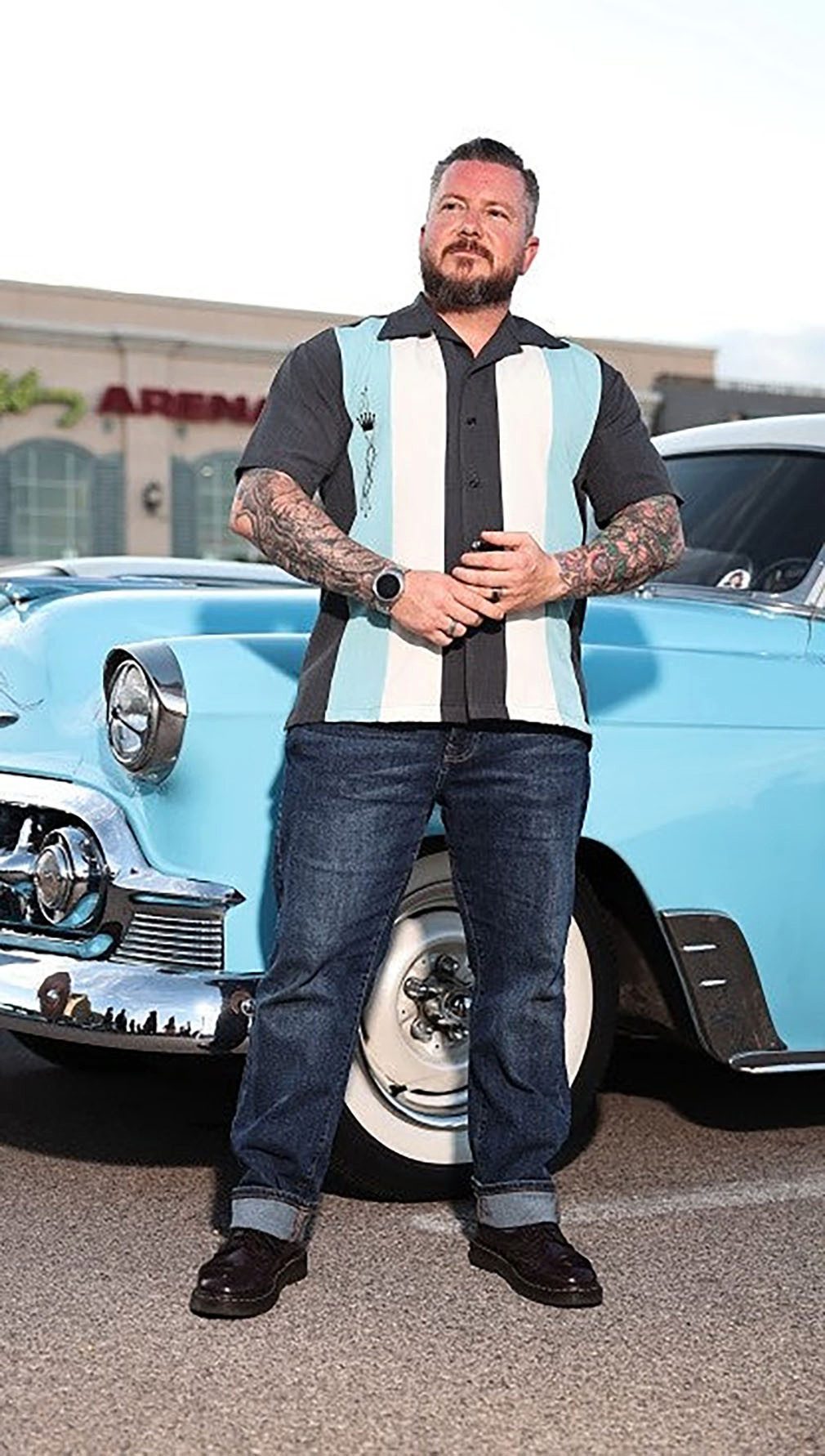 Steady Clothing Kurzarmhemd The Kingston Charcoal Cream Aqua Vintage Bowling Shirt Retro