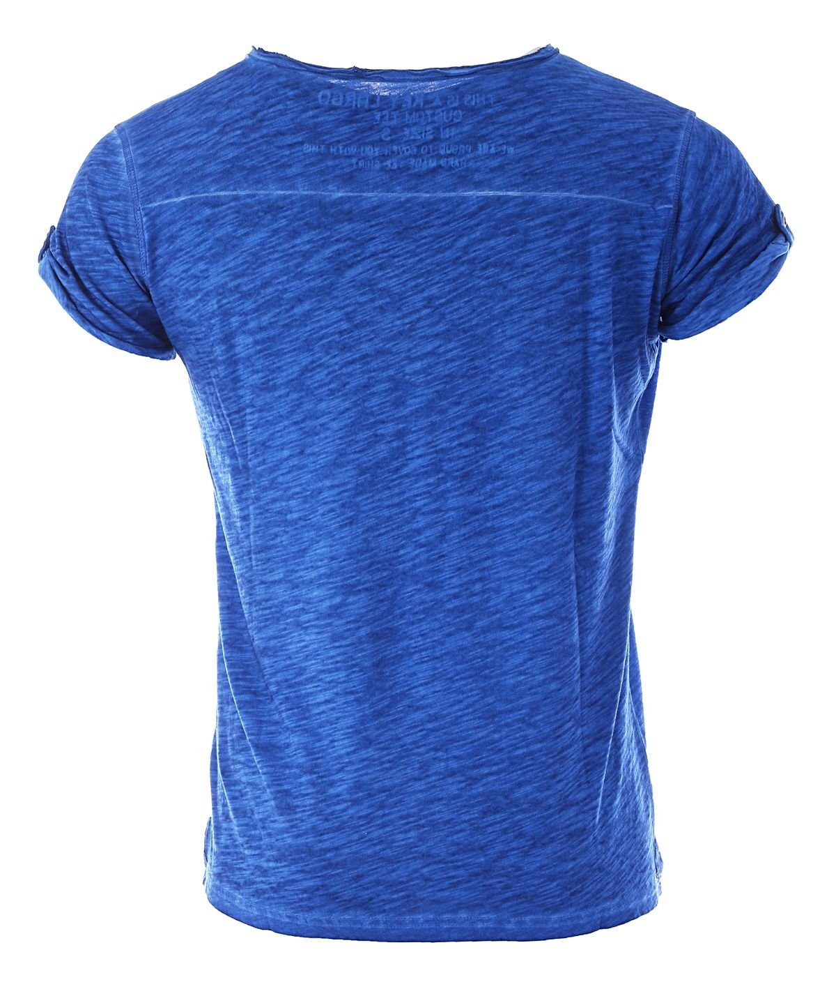 MT00023 slim Arena mit T-Shirt unifarben Largo Look Key vintage fit Knopfleiste button kurzarm für Herren Blau