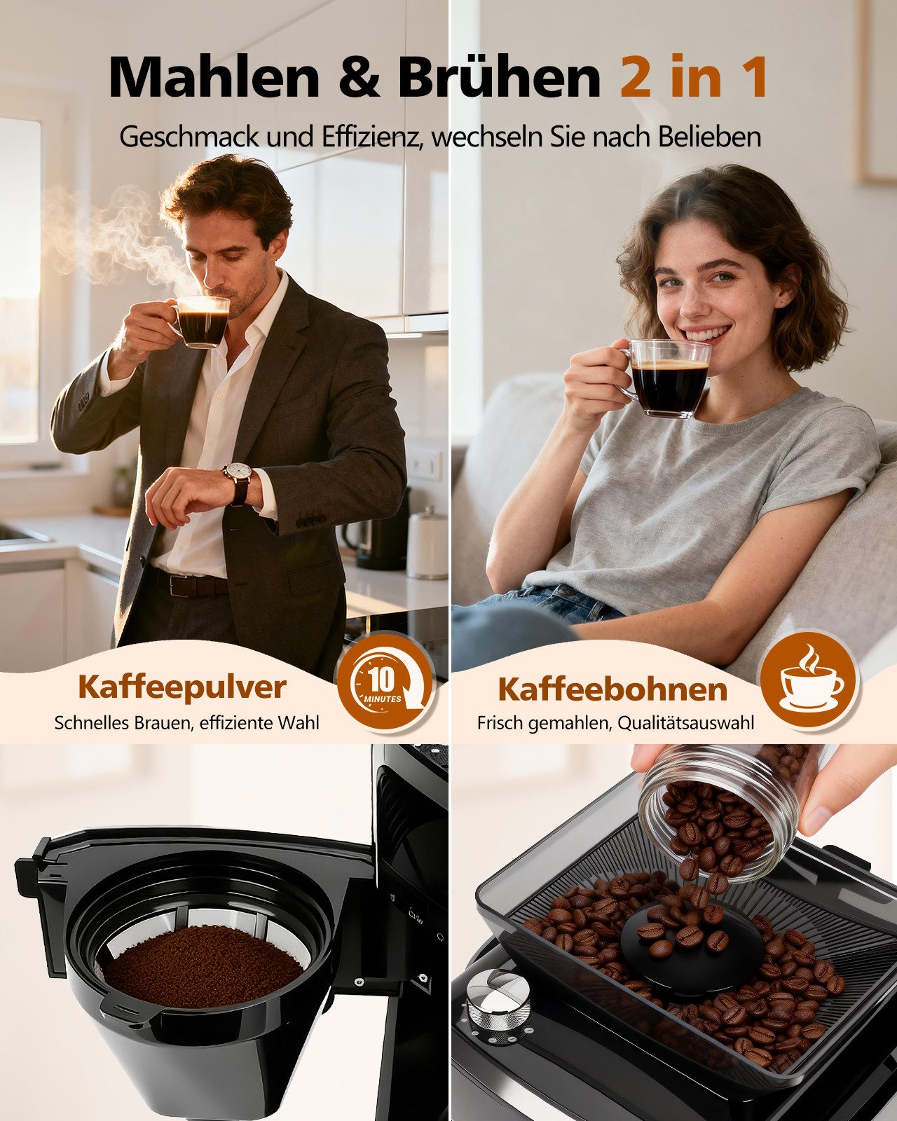 Aigostar Kaffeemaschine mit Mahlwerk 12 Tassen Filterkaffeemaschine, 7 Mahlgrade, 3 Brühstärken, 24H Timer, 1.5l Kaffeekanne, Wiederverwendbare Filter, Warmhaltefunktion, Selbstreinigungsfunktion, Intelligente Erinnerung