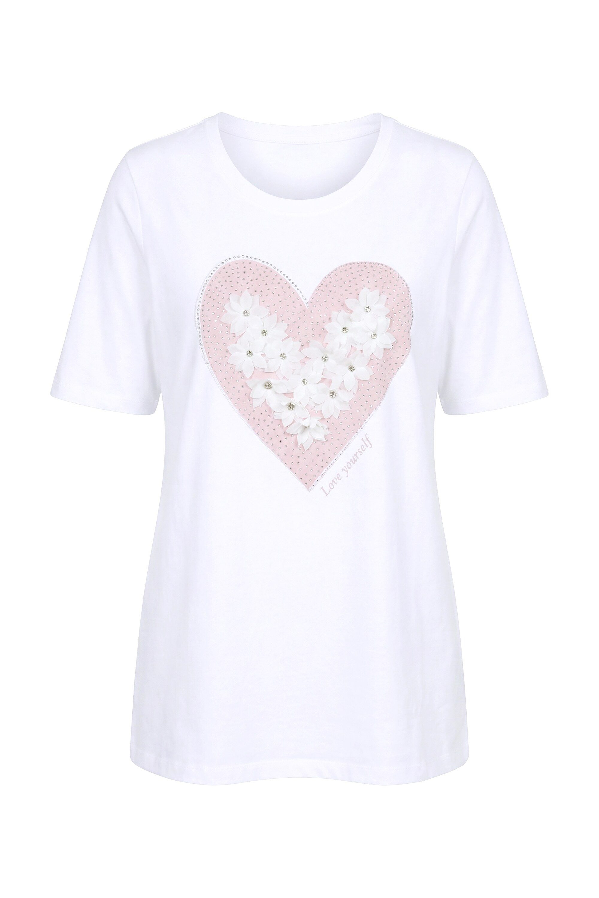 T-Shirt T-Shirt A-Linie Herz mit 3D-Blüten und Glitzer