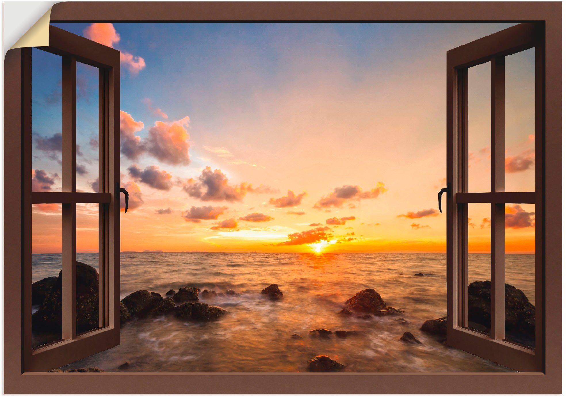 Artland Wandbild Fensterblick Sonnenuntergang am Meer, Fensterblick (1 St), als Alubild, Leinwandbild, Wandaufkleber oder Poster in versch. Größen braun