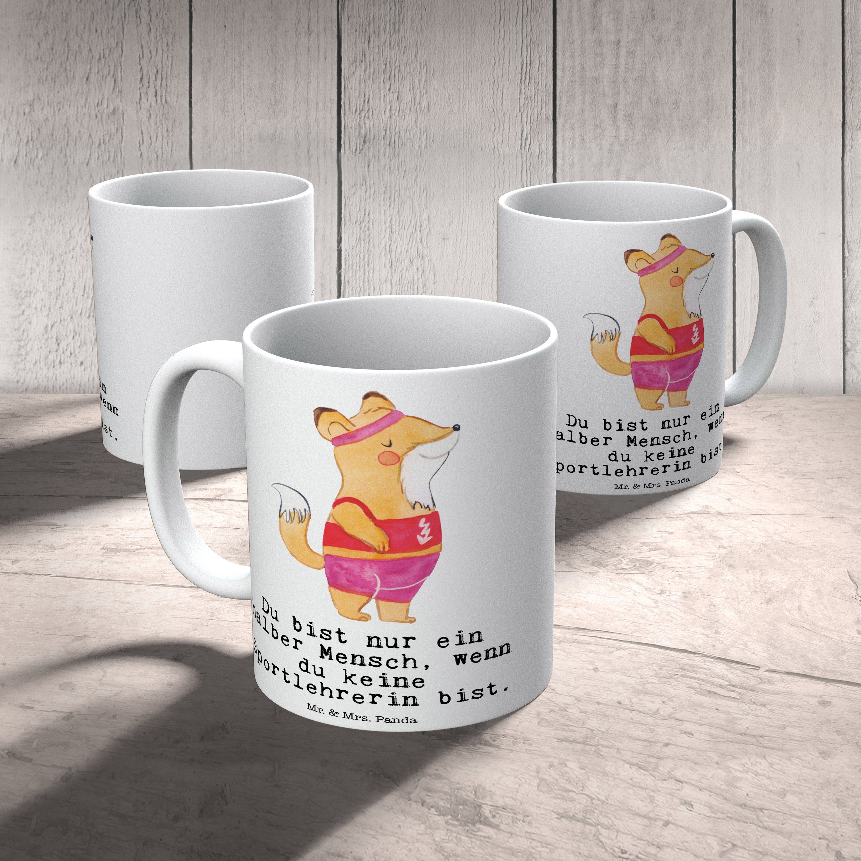 Tasse Porzellantasse, Geschenk, - mit Herz Weiß Tee, Keramik - Sportlehrerin & Becher, Mr. Mrs. Panda