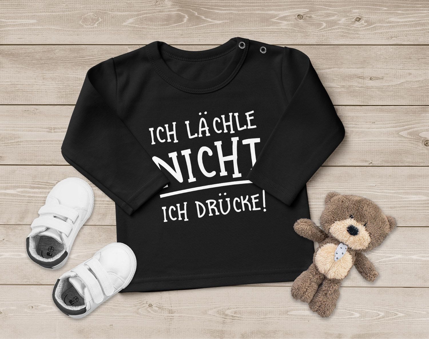 MoonWorks Rundhalsshirt Baby Langarmshirt mit lustigem Spruch Ich lächle nicht Ich drücke!