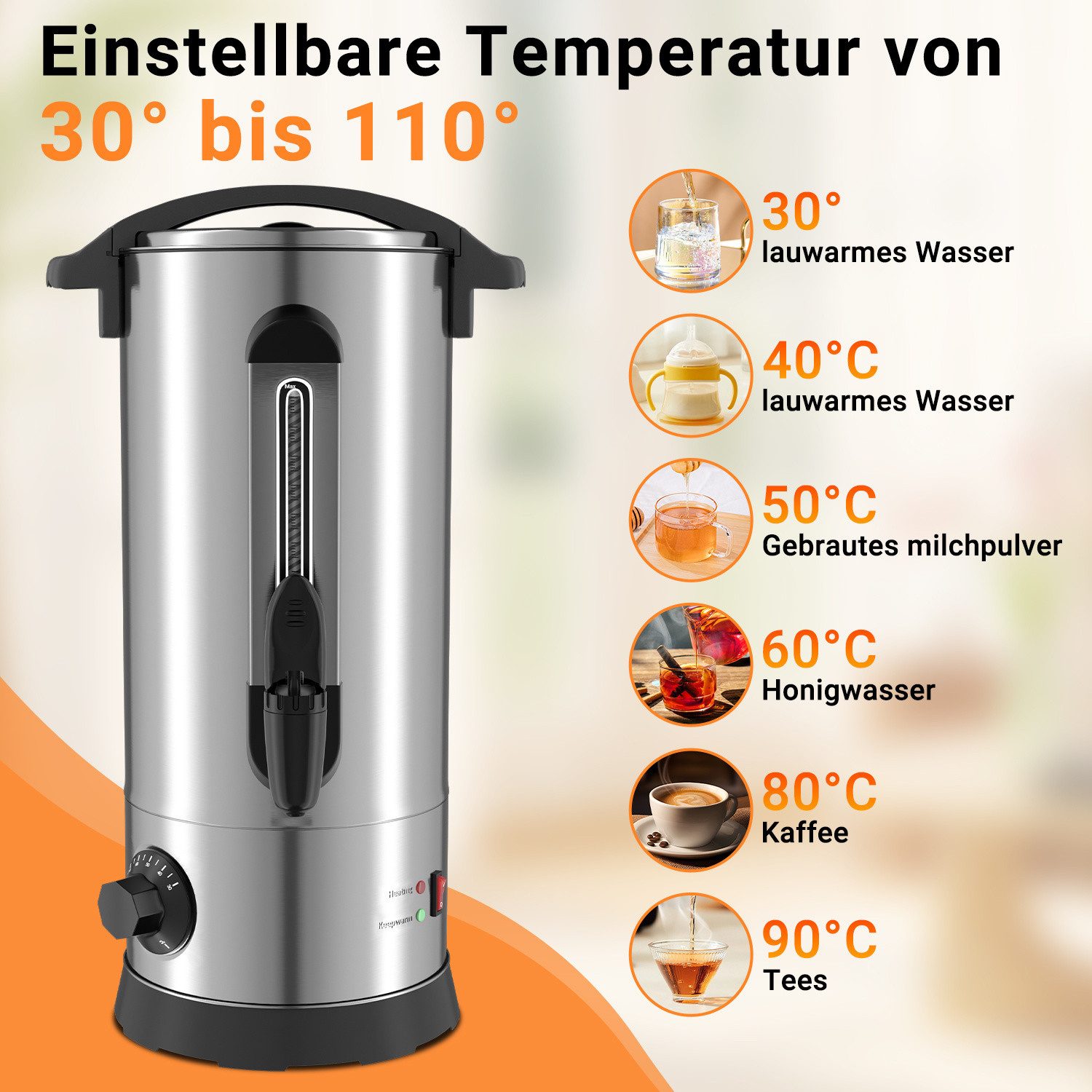 Clanmacy Heißgetränke- und Glühweinautomat 10L Glühweinkessel Edelstahl Glühweinkocher Heißgetränkeautomat, 1500 W, Drehgriff mit Schloss