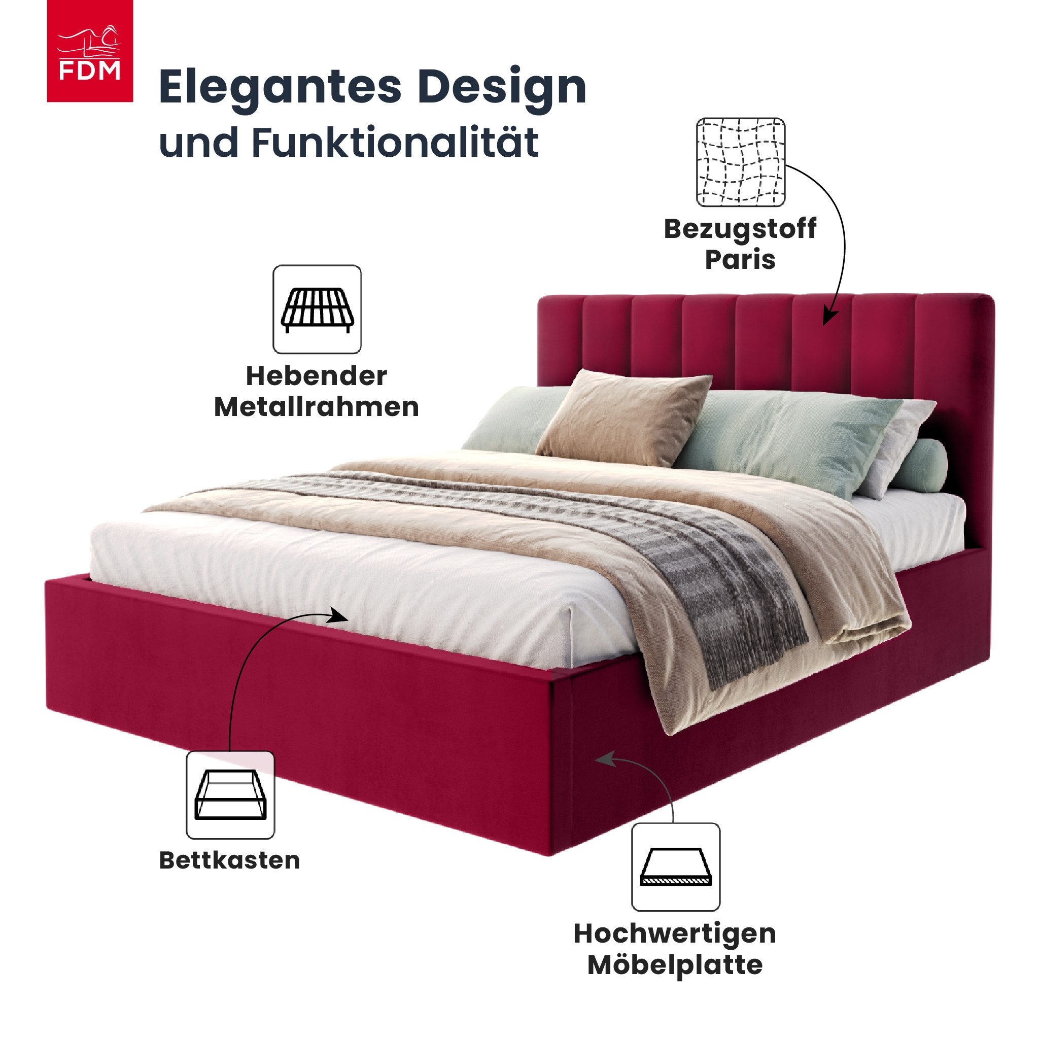 FDM Polsterbett OSKAR modern mit Bettkasten MADE IN EU - mit hochwertigem Paris Bezug (verfügbar 90x200 120x200 140x200 160x200 180x200cm, Bettrahmen, Bett, mit großen gepolsterten Kopfteil, mit Bettkasten zum aufklappen), Hebbarer Metallrahmen, Bettkasten, mit/ohne Matratze