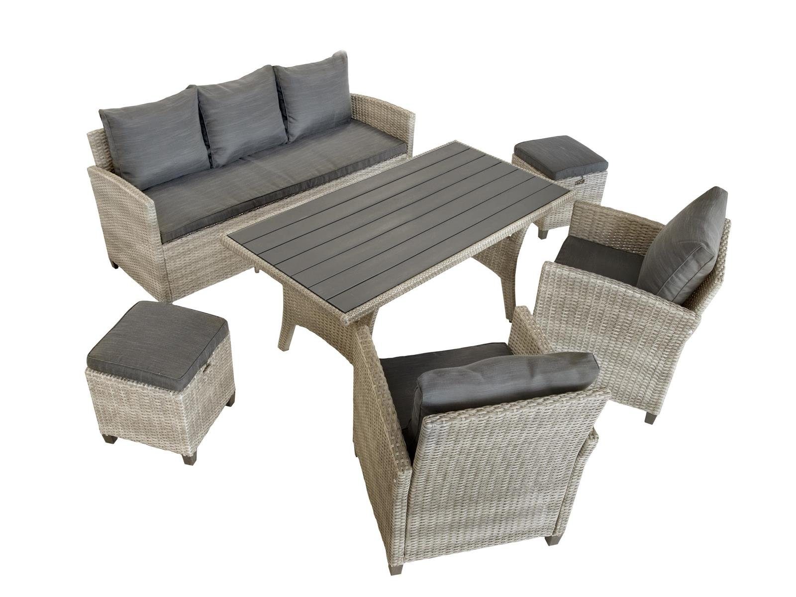 bellavista - Home&Garden® Gartenlounge-Set »Prato II« Dininglounge Set Sitzgruppe Loungemöbel Lounge Gartenmöbel, (Set, 6-tlg., 1 Sofa), grau, Polyrattan, für 7 Personen, wetterfest - Garten, Terrasse