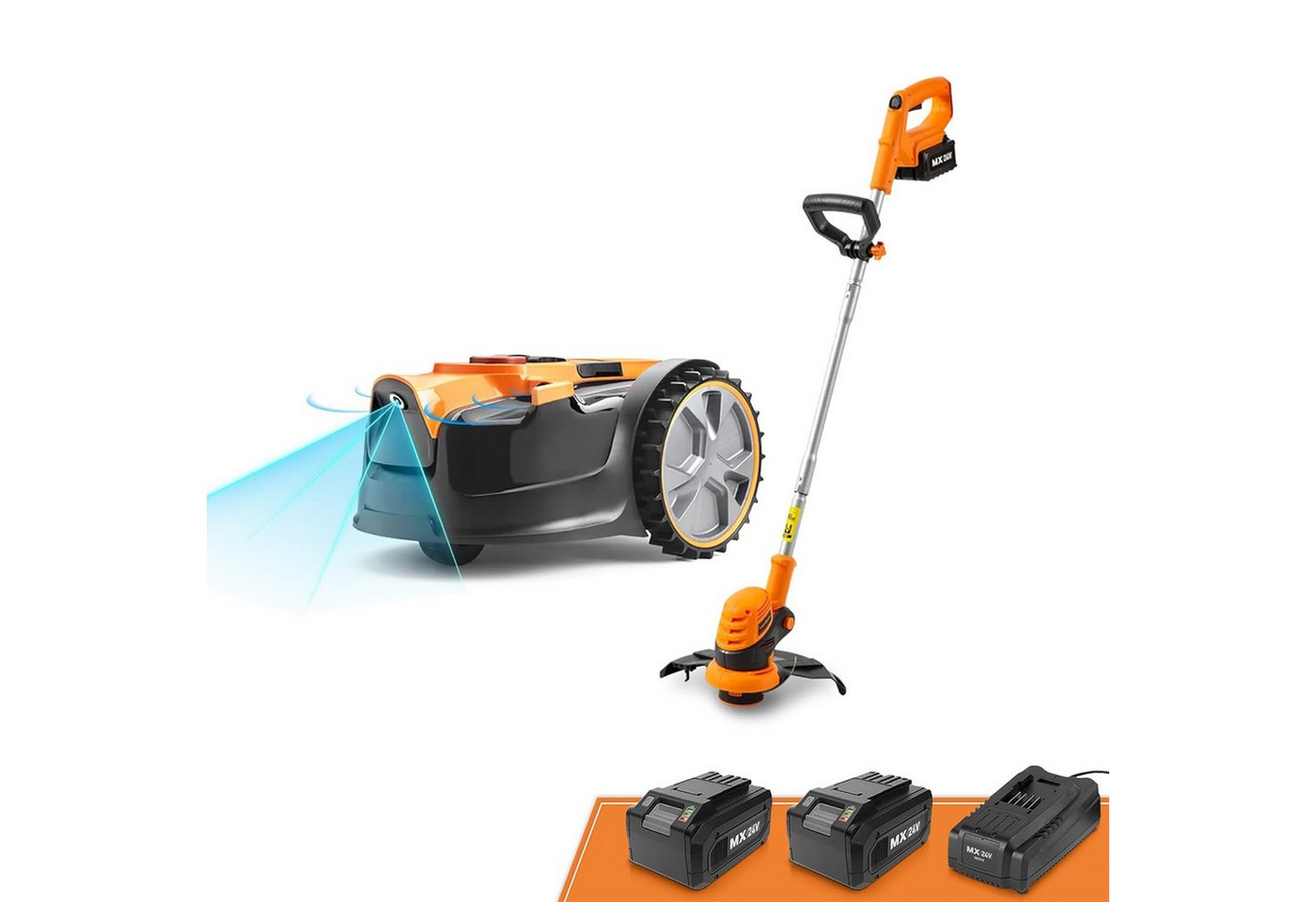 Lawnmaster Rasenmähroboter OcuMow® mit kabellosem 24V MAX, bis 300 m² Rasenfläche, 10-Zoll-Gras-Trimmer-Kombi-Set, automatische Hindernisvermeidung