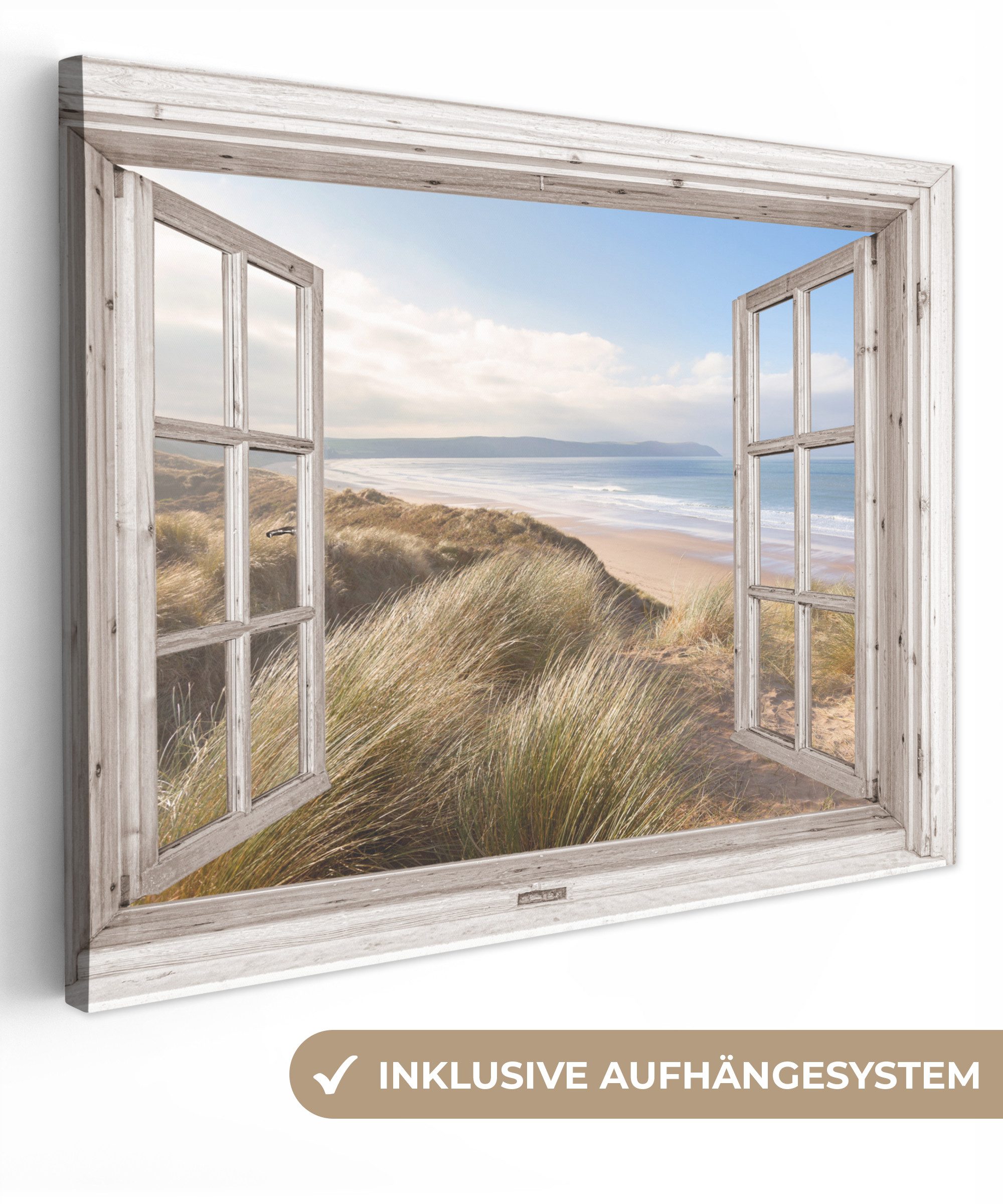 OneMillionCanvasses® Leinwandbild Durchblick - Strand - Meer - Dünen - Strandgras - Sand - Blau, Fotodruck (1 St), Wandbild Leinwandbilder, Aufhängefertig, Wanddeko 40x30 cm