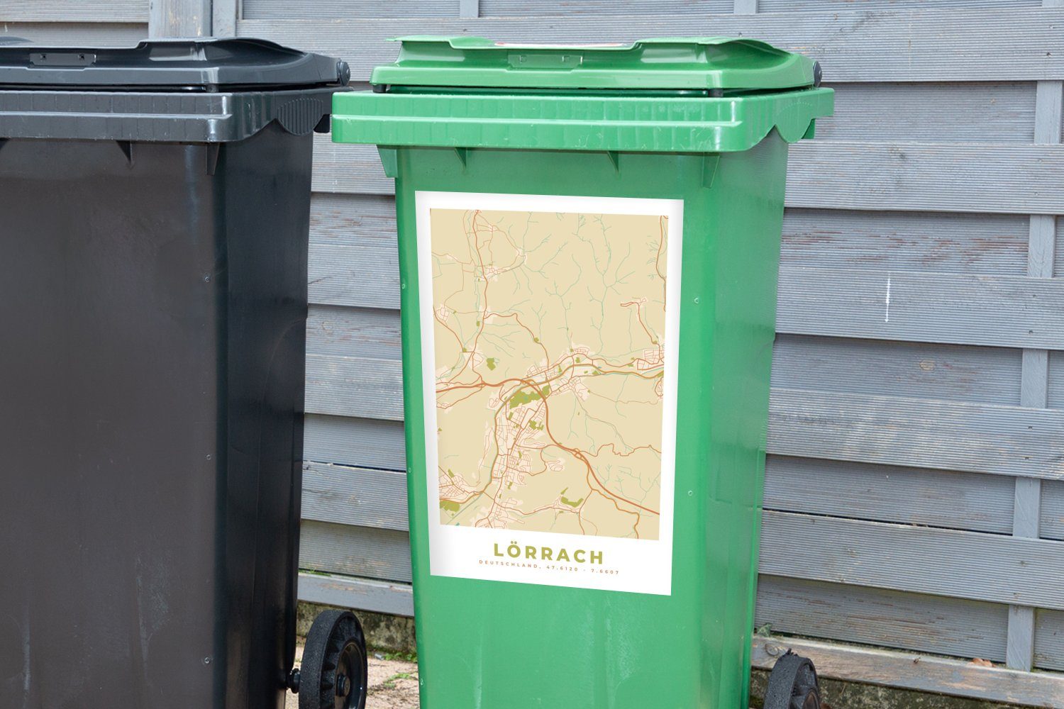 MuchoWow Wandsticker Mülleimer-aufkleber, (1 - Sticker, St), Container, - Abfalbehälter Stadtplan - Karte Vintage Mülltonne, Lörrach