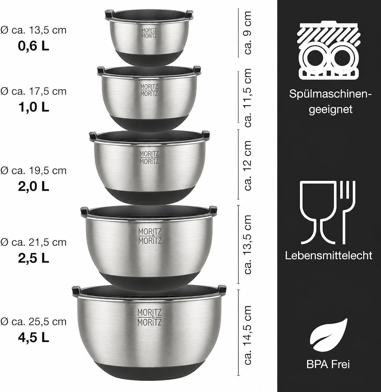 Moritz & Moritz Schüssel Edelstahl Rührschüssel Set mit Deckel, Edelstahl, (Set, 5-tlg), Premium Edelstahl, Rostfrei