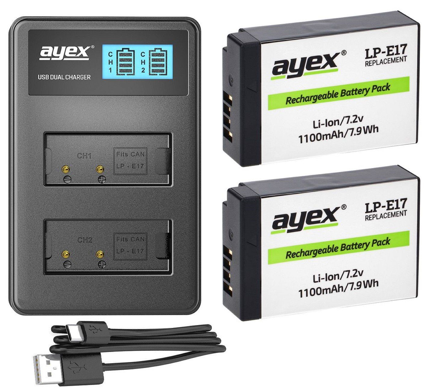 ayex 2x LP-E17 Akku + USB Dual Ladegerät Kamera-Akku