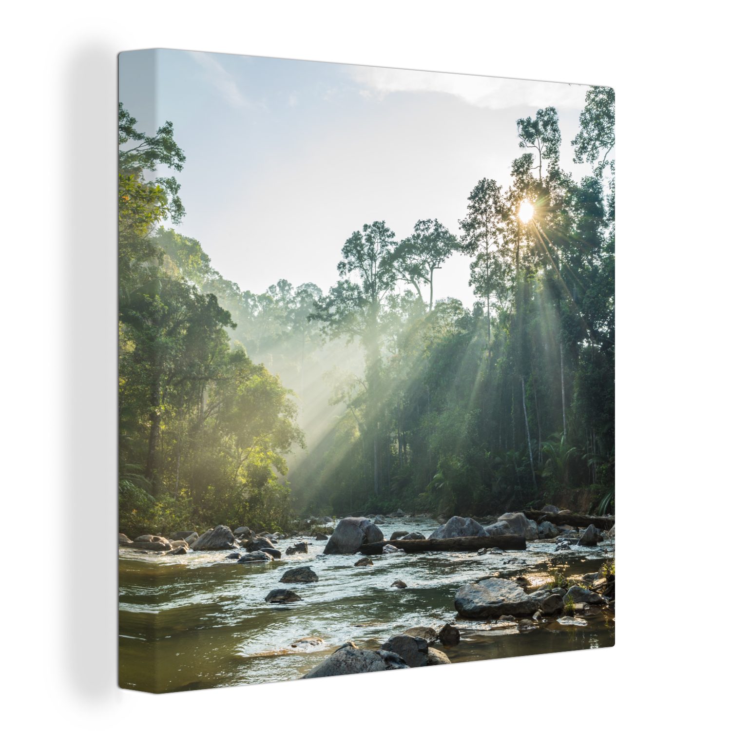 OneMillionCanvasses® Leinwandbild Die Sonne scheint auf einen Fluss in einem malaysischen Wald, (1 St), Leinwand Bilder für Wohnzimmer Schlafzimmer