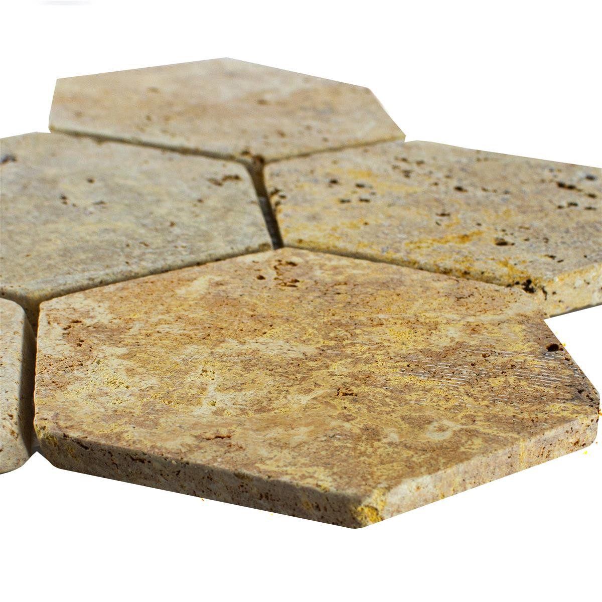 Mosafil Mosaikfliesen Travertin Naturstein Mosaikfliesen Mercado Sechseck, Naturstein-Travertin 26.200x19.900, gold, Verlegefertig auf ein Netz geklebt - Frostsicher - Wasserfest -
