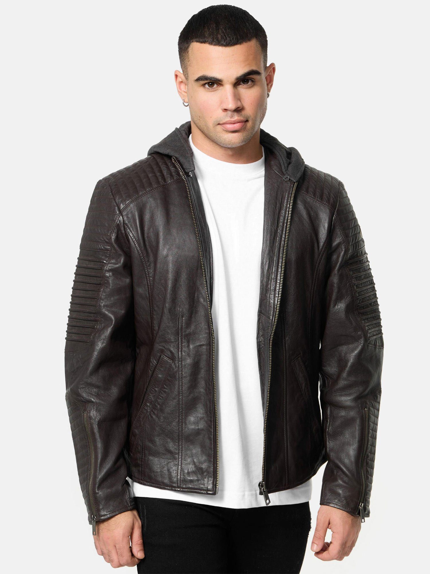 Tazzio Lederjacke A800 Biker-Look mit abnehmbarer Kapuze braun