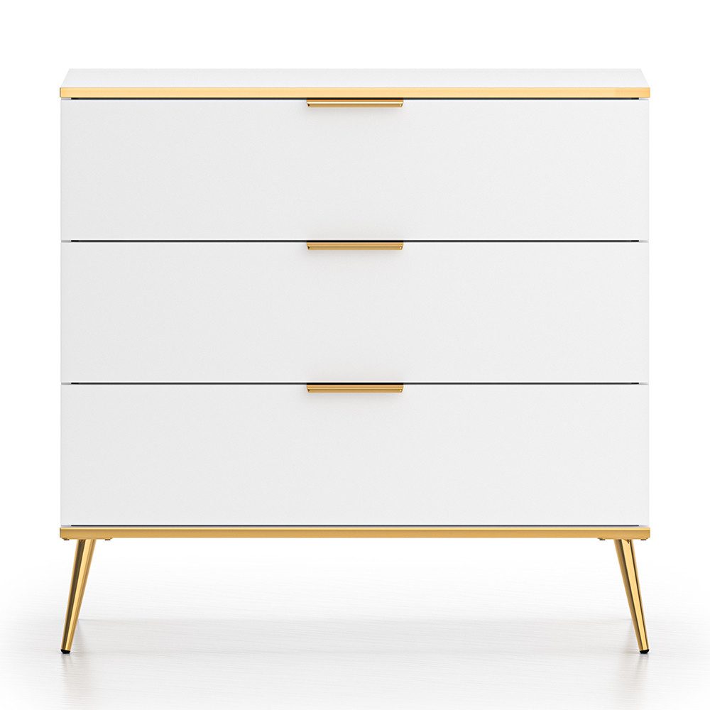 Lomadox Kommode VLORA-131, Schubladenkommode, weiß mit goldfarbigen Griffen, 92cm breit