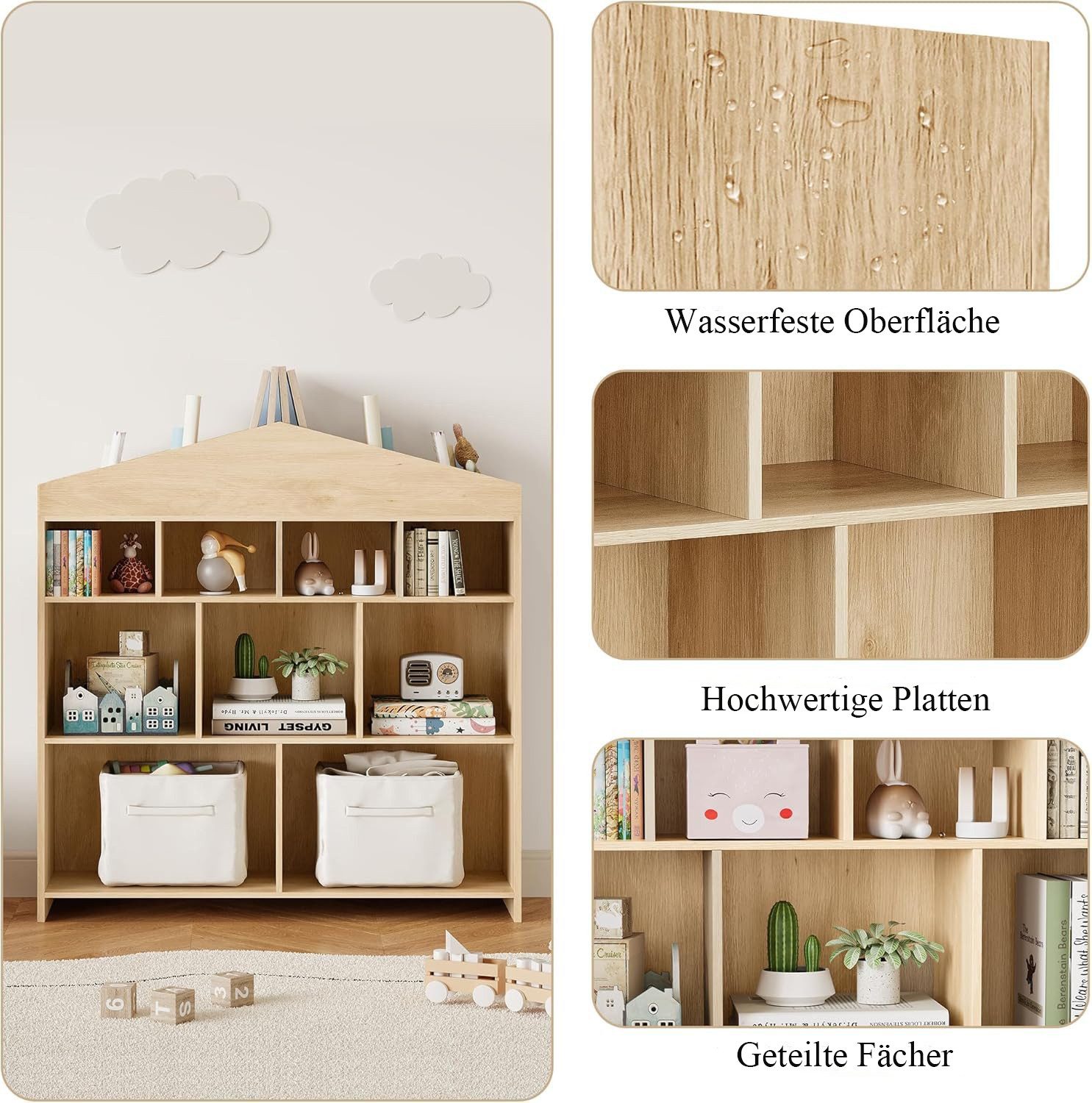 GarveeMore Kinderregal Kinder Bücherregal mit 9 Ablagefächern Puppenhaus Bücherregal