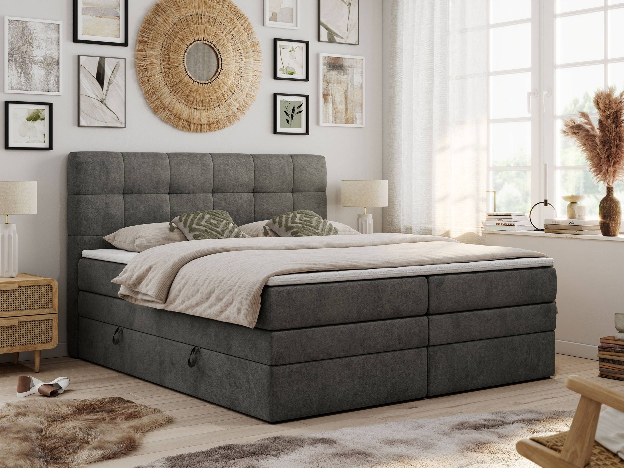 MKS MÖBEL Boxspringbett LUKA KING (King Doppelbett, Multipocket Matratzen, Topper T25/Visco, T30-Schaum), Polsterbett mit Bettkasten und fünf Matratzen