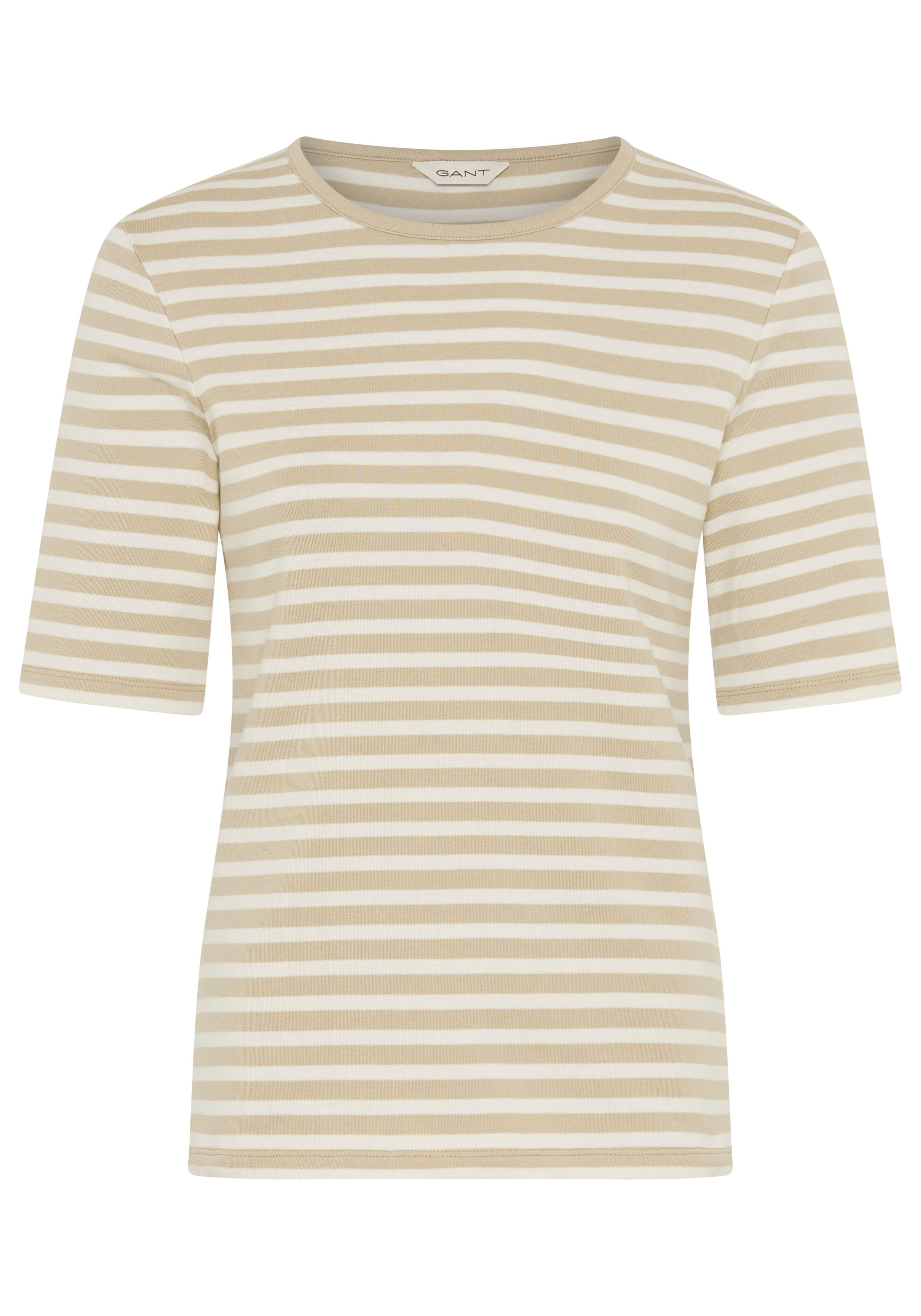 Gant T-Shirt SLIM STRIPED 1X1 RIBBED KA T-SHIRT mit dezentem Logoschriftzug am Ärmelabschluss