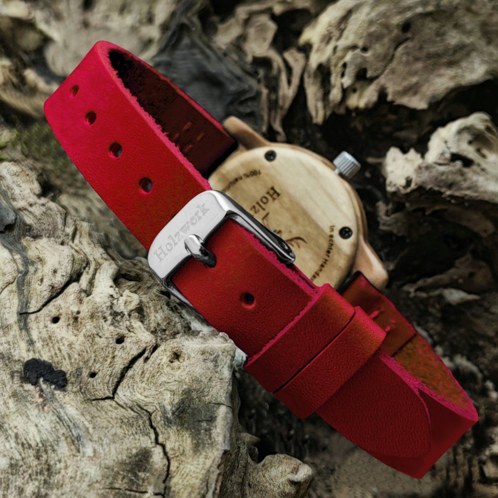 & beige rot, RED Holz Armband Uhr, kleine Holzwerk dunkel Leder Quarzuhr Damen CLARA