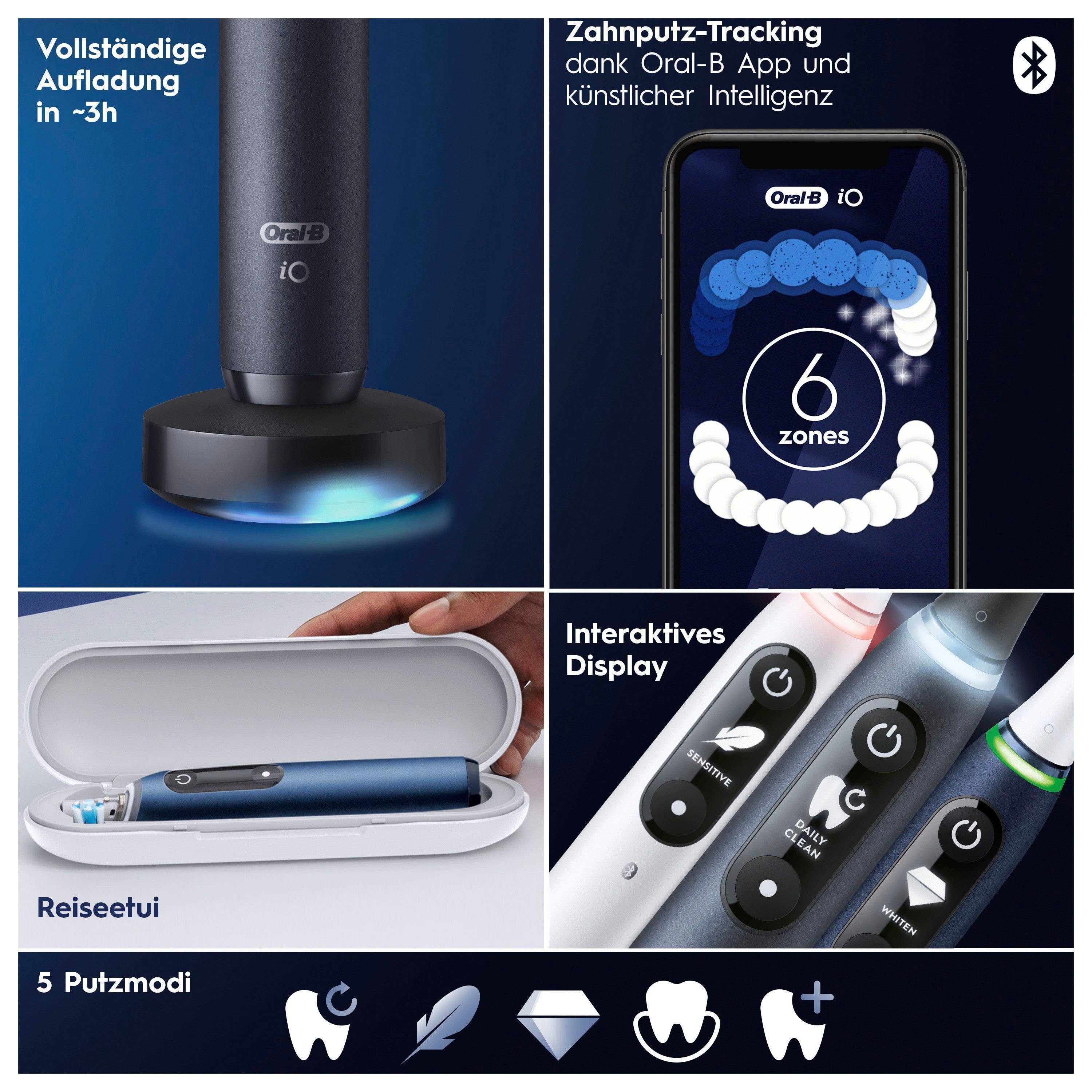 Oral-B Elektrische Zahnbürste iO 7, 5 Onyx Magnet-Technologie, Black St., Reiseetui 2 mit Display, Aufsteckbürsten: Putzmodi