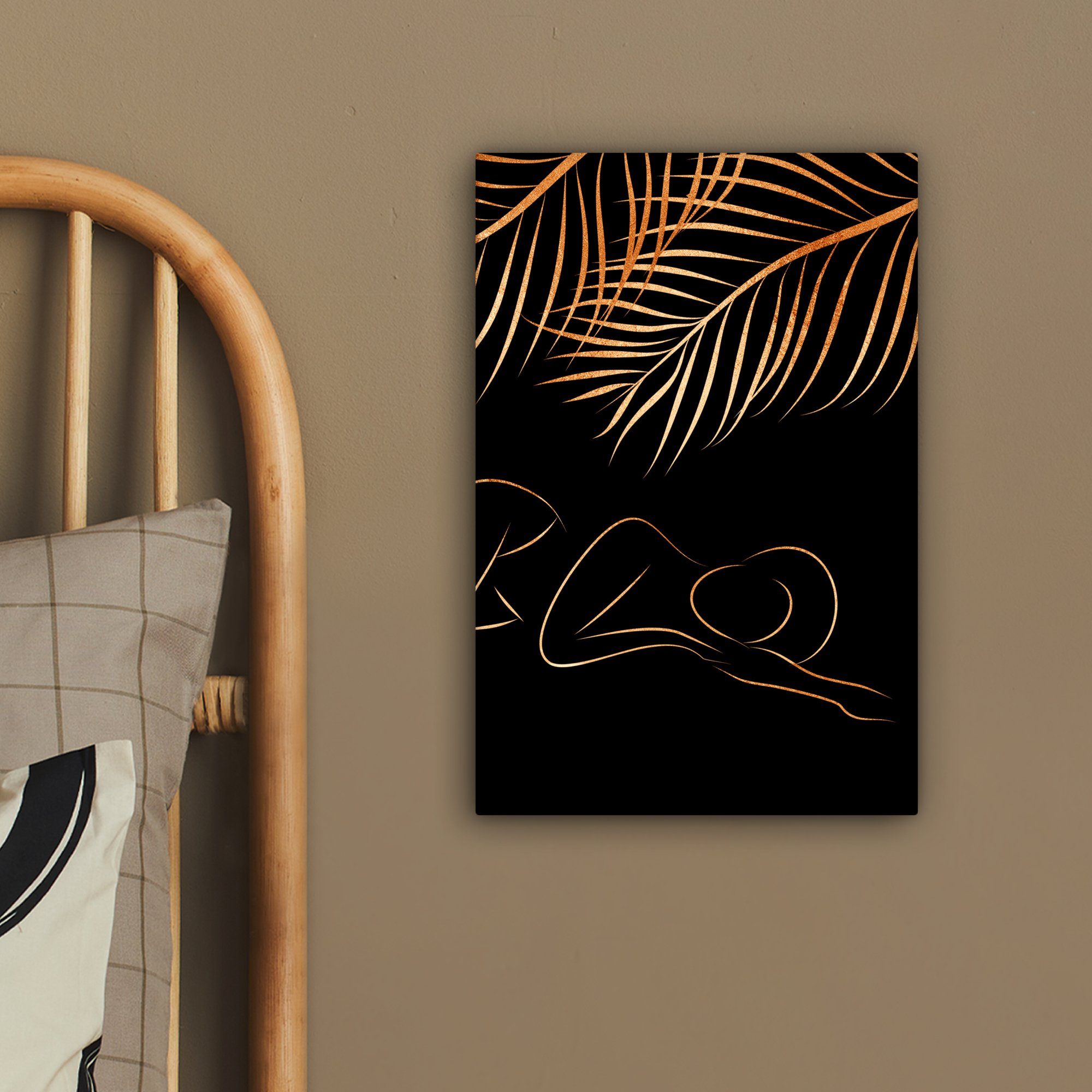 Frau Gemälde, Gold, OneMillionCanvasses® 20x30 inkl. - Blätter Strichzeichnung bespannt Zackenaufhänger, St), Leinwandbild (1 fertig - cm - Leinwandbild