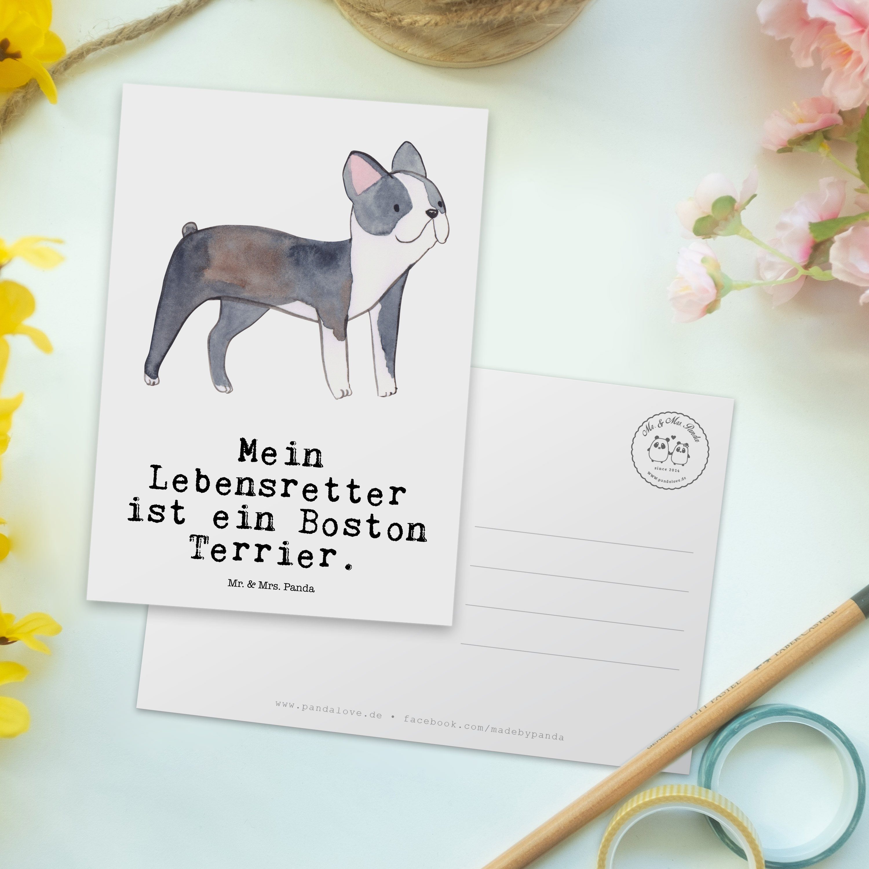 Boston Hund Lebensretter Postkarte Weiß - Grußkarte, Terrier & Mr. Panda Welpe, Geschenk, Mrs. -