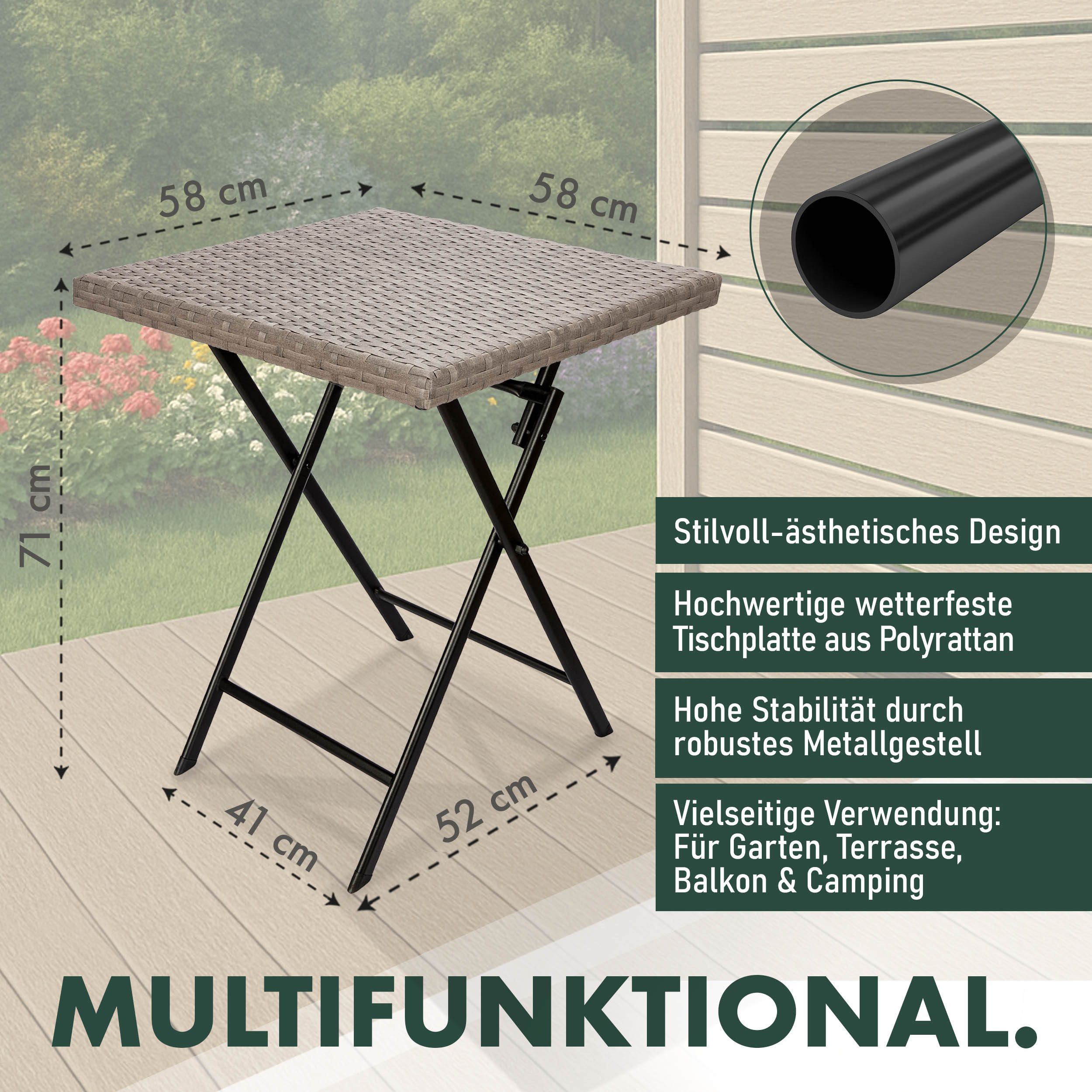 BRUBAKER Gartentisch Toskana - 58 x 58 cm Balkontisch wetterfest (1-St., Campingtisch eckig - Klapptisch für Balkon, Terrasse), Polyrattan und Metall Beistellti – Bild 5 von 5