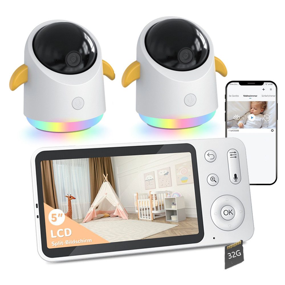 Video-Babyphone 2K Babyphone mit Kamera und App 5 Zoll WLAN babyfon mit 32G Karte