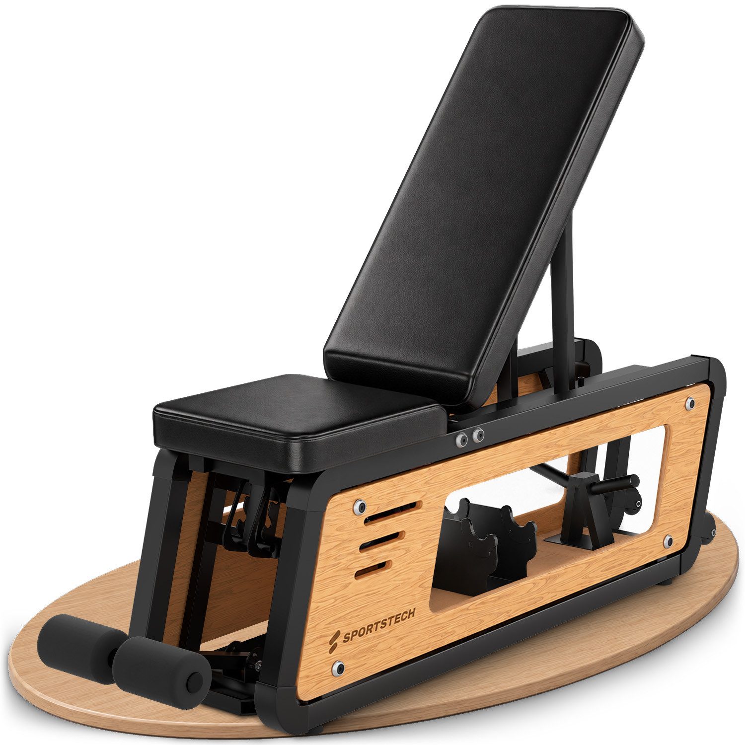 Sportstech Hantelbank Woodmate_Lite, Massivholz Eiche, 220 kg belastbar, 6-fach verstellbar, Hantelständer