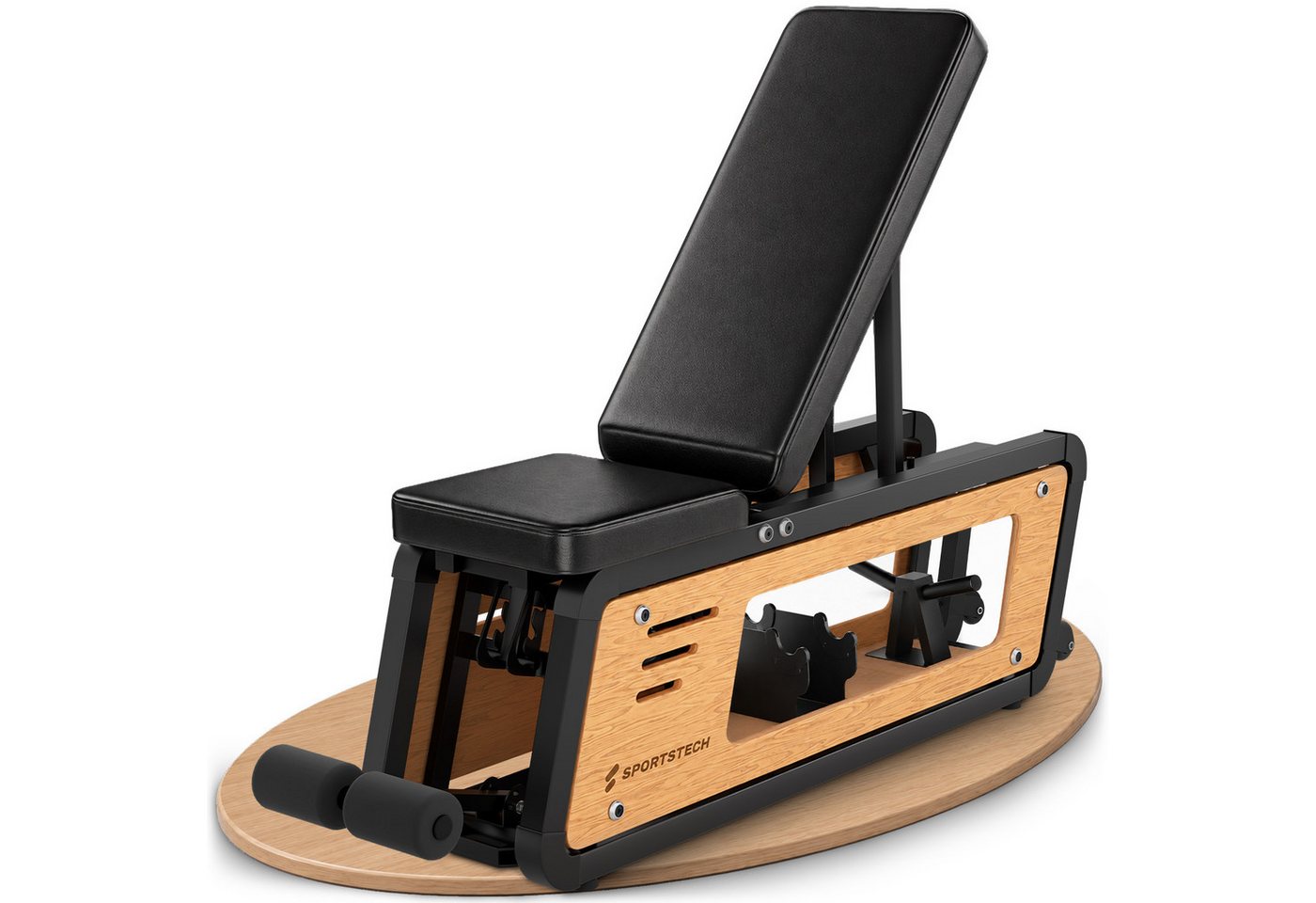 Sportstech Hantelbank Woodmate_Lite, Massivholz Eiche, 220 kg belastbar, 6-fach verstellbar, Hantelständer