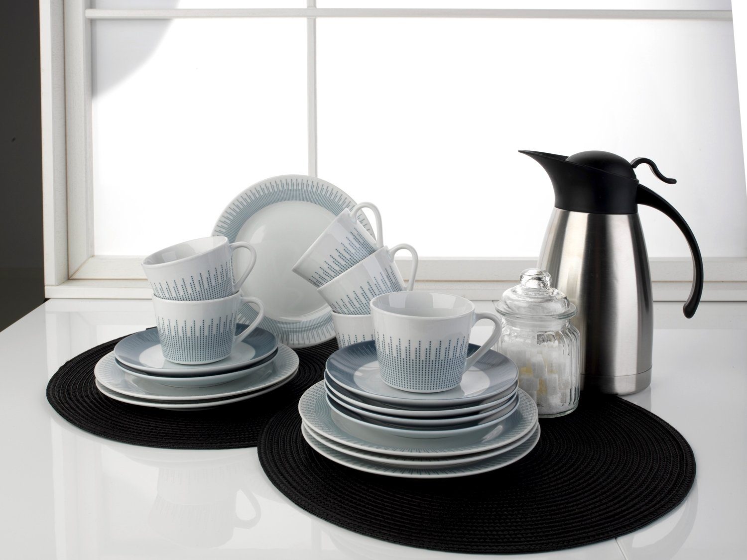 Home4You Kaffeeservice, Weiß, Blau, Grau, graphisches Muster, (18-tlg), 6 Personen, Porzellan, Spülmaschinengeeignet