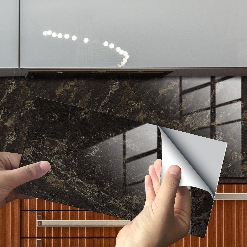 COOL-i ® Fliesenaufkleber Klebefliesen 4 Stück -30cm x 15cm, 3D Fliesenaufkleber (Marmor Optik), PVC Wasserfest, Selbstklebend, Hitzebeständig