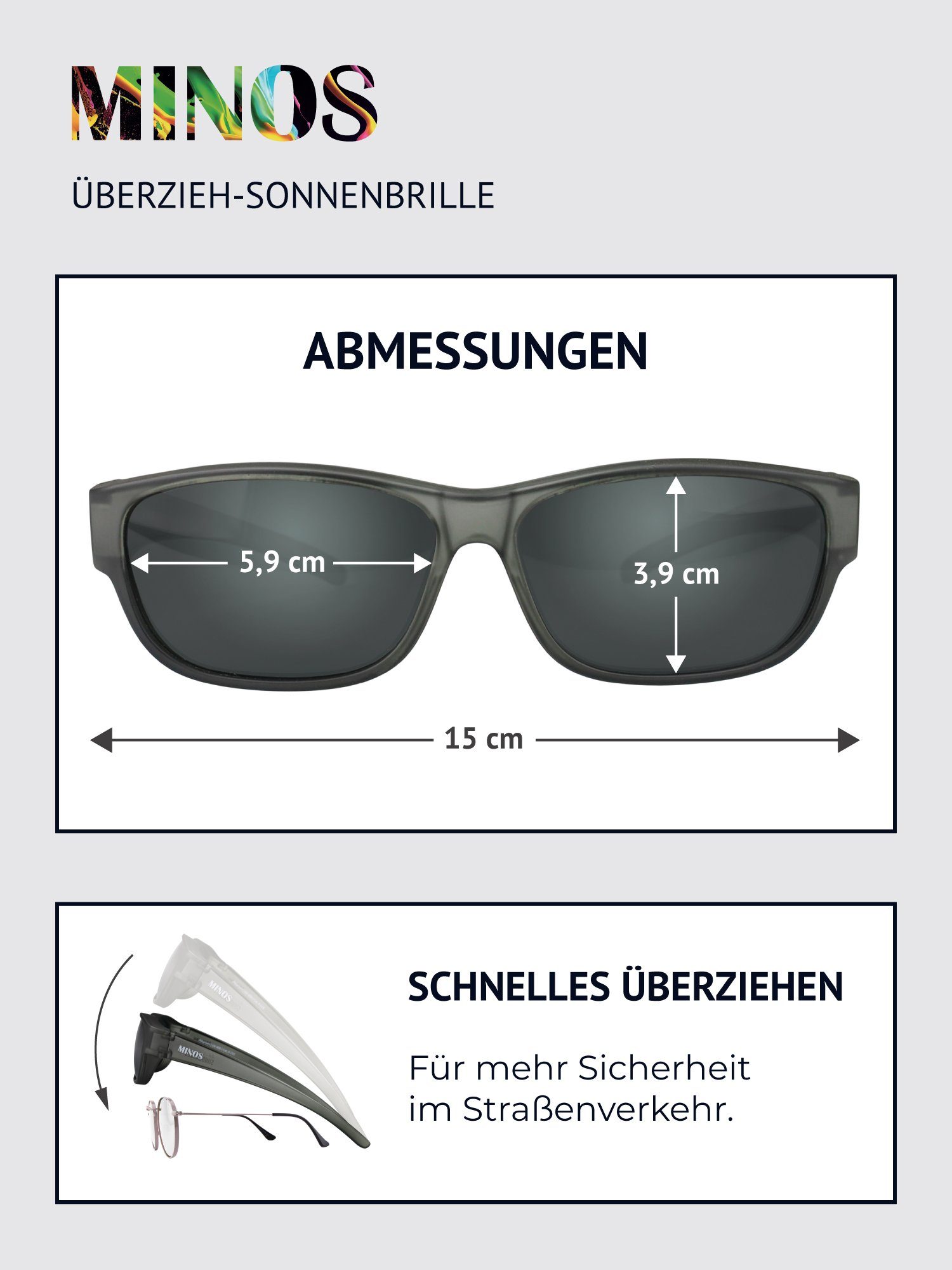 und SUNGLASSES Überziehsonnenbrille schwarz ActiveSol Schiebebox Sonnenbrille (inklusive Minos Brillenputztuch)