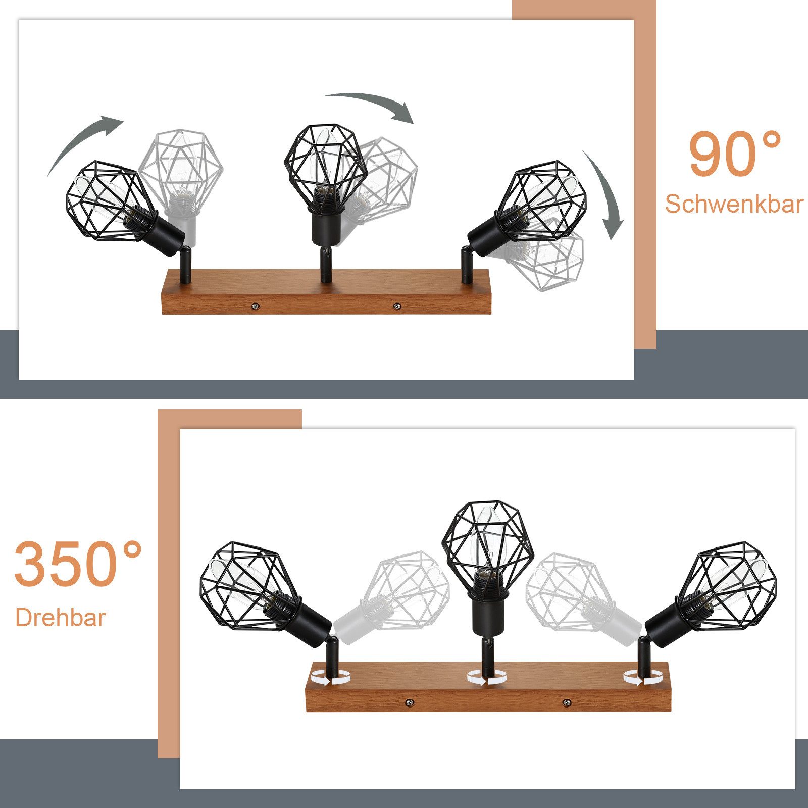 ZMH Deckenleuchten Schwarz Deckenspot - E14 Vintage Schwenkbar 350° für Flur Wohnzimmer, Augenschutz, LED wechselbar, Holz Deckenlampe, Schlafzimmer Küche