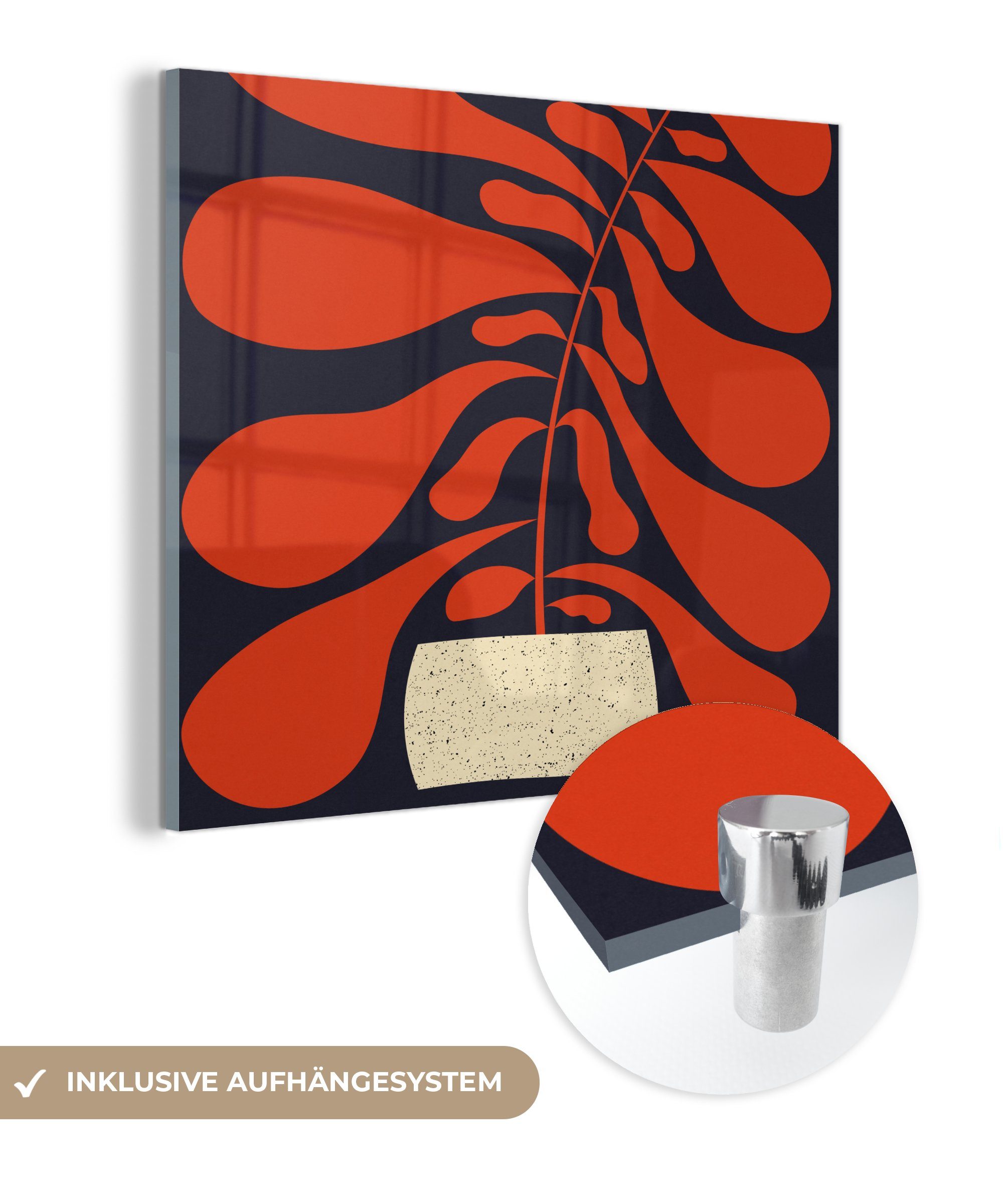 MuchoWow Acrylglasbild Pflanze - Rot - Abstrakt - Vase, Inkl. Aufhängung, Bilder auf Glas Wandbild, Wanddeko Wohnzimmer Badezimmer, 20x20 cm