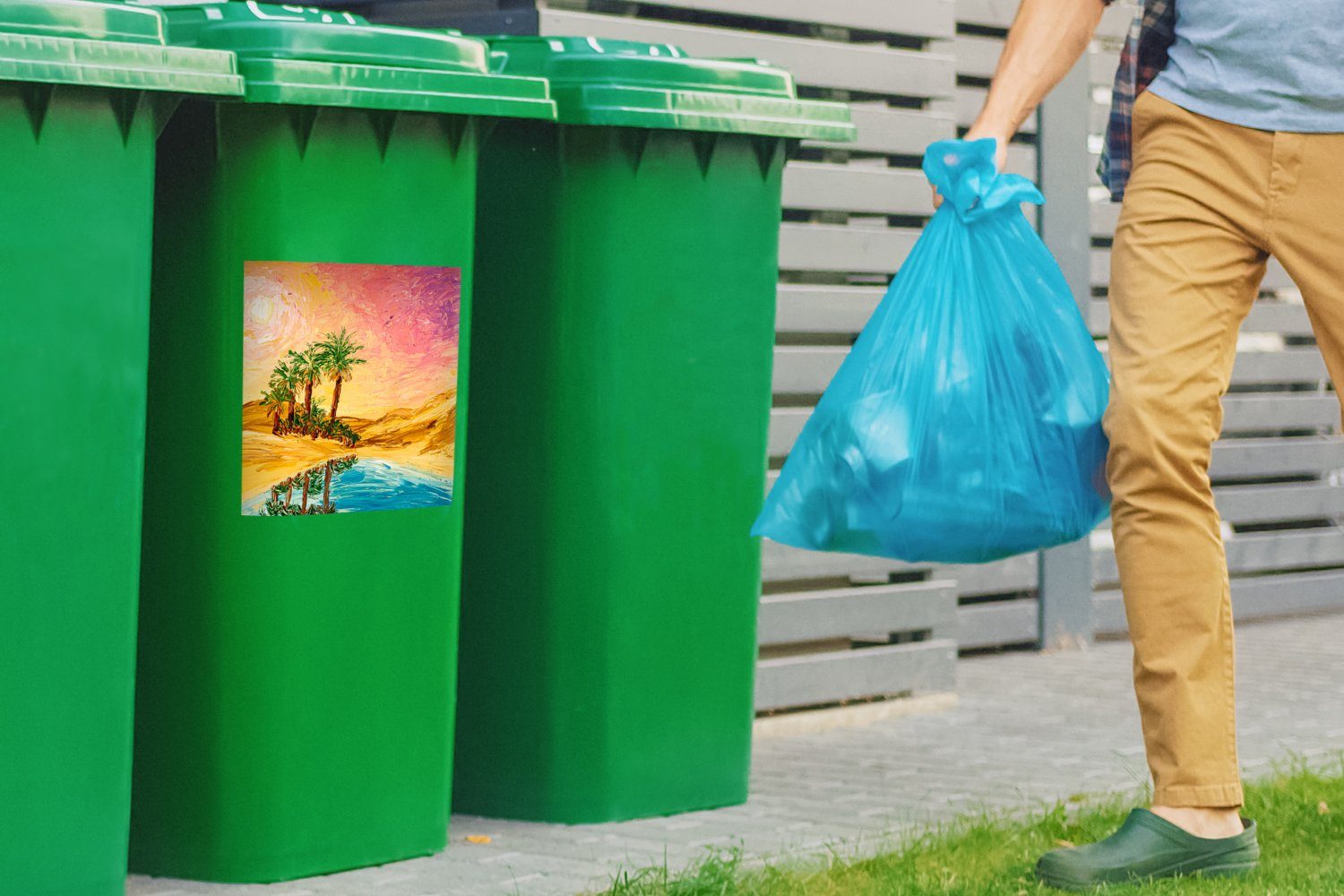 MuchoWow Wandsticker Gemälde - Öl Natur Container, - Palme Mülltonne, (1 Sticker, - Mülleimer-aufkleber, St), Wasser Abfalbehälter 