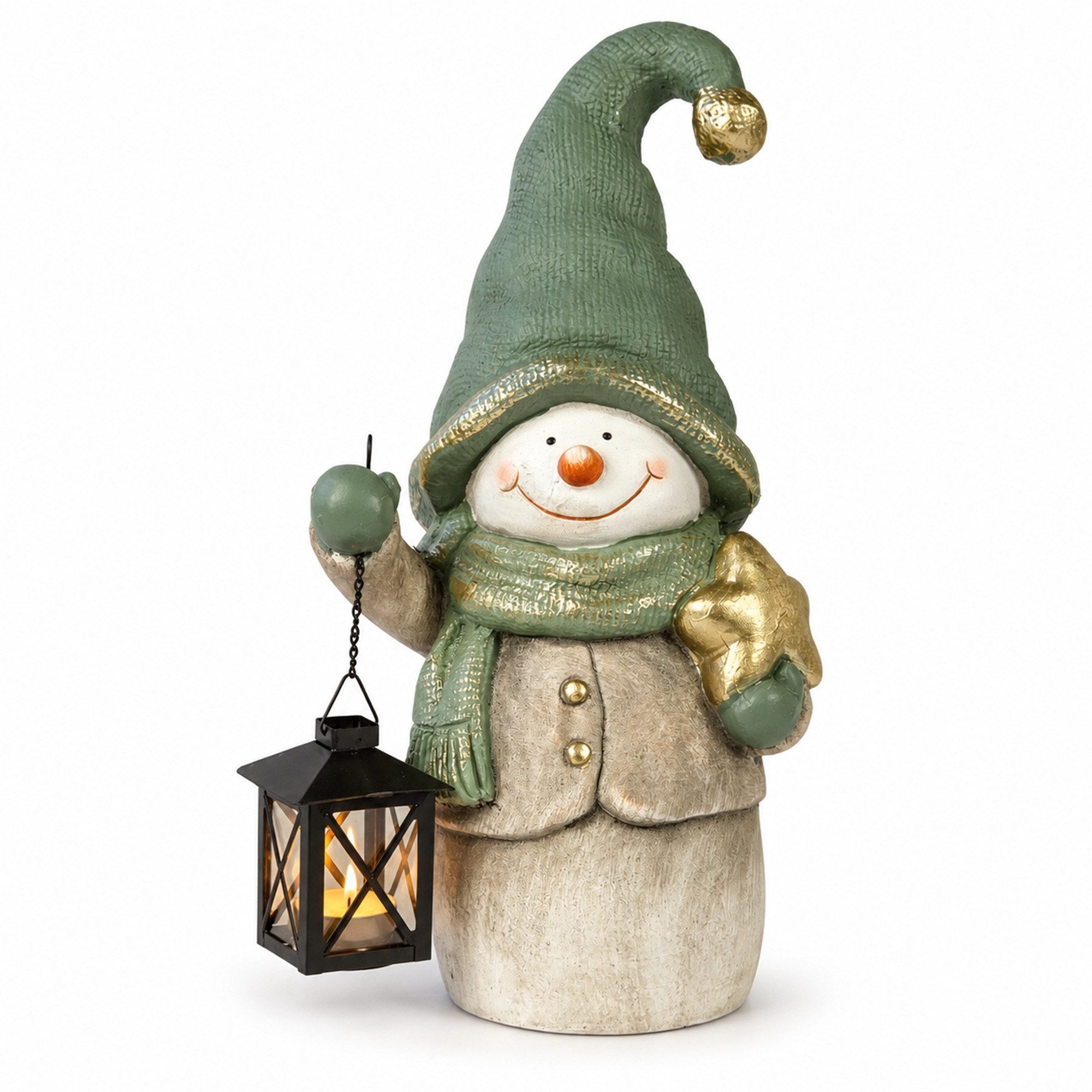 INtrenDU Schneemann Deko-Figur für innen und außen, 42 cm, Laterne für Teelichter, goldener Stern